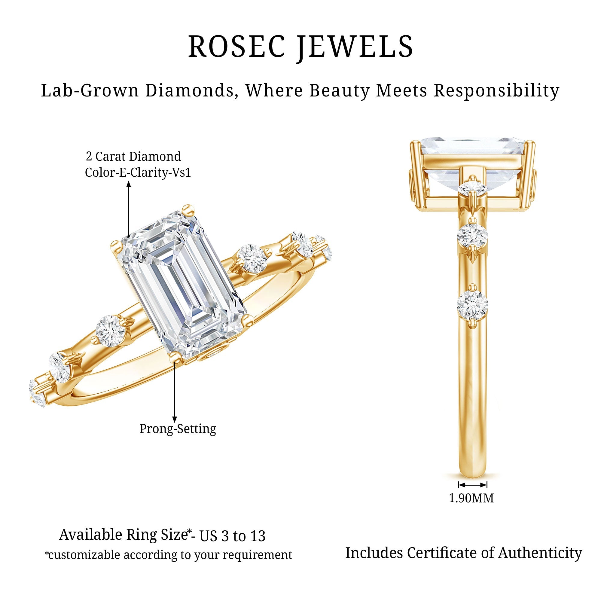 Emerald Cut 2 Carat Lab Grown Diamond Engagement Ring IGI Certified