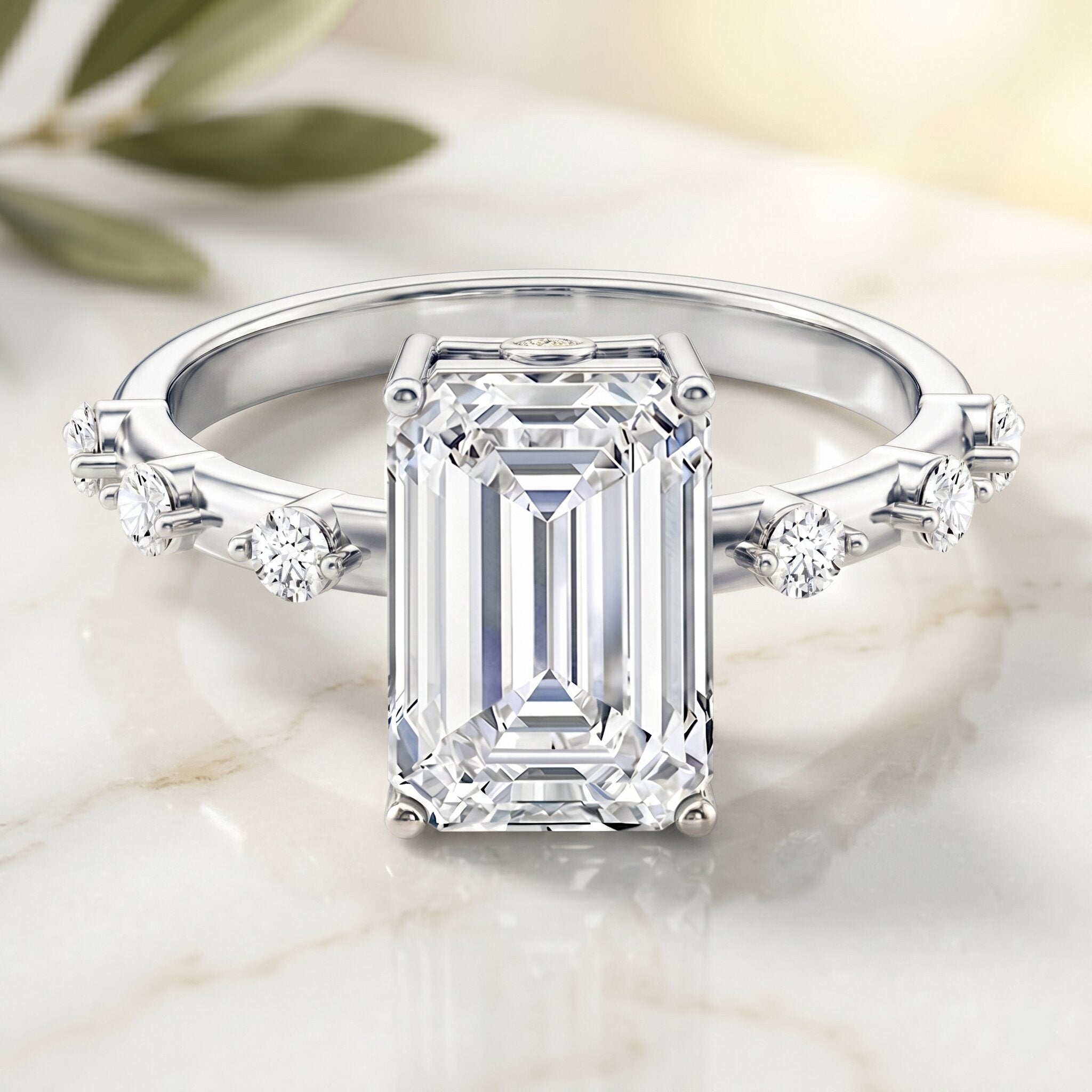 IGI Certified 4 Carat Lab Grown Emerald Cut Diamond Engagement Ring with Spaced Accent