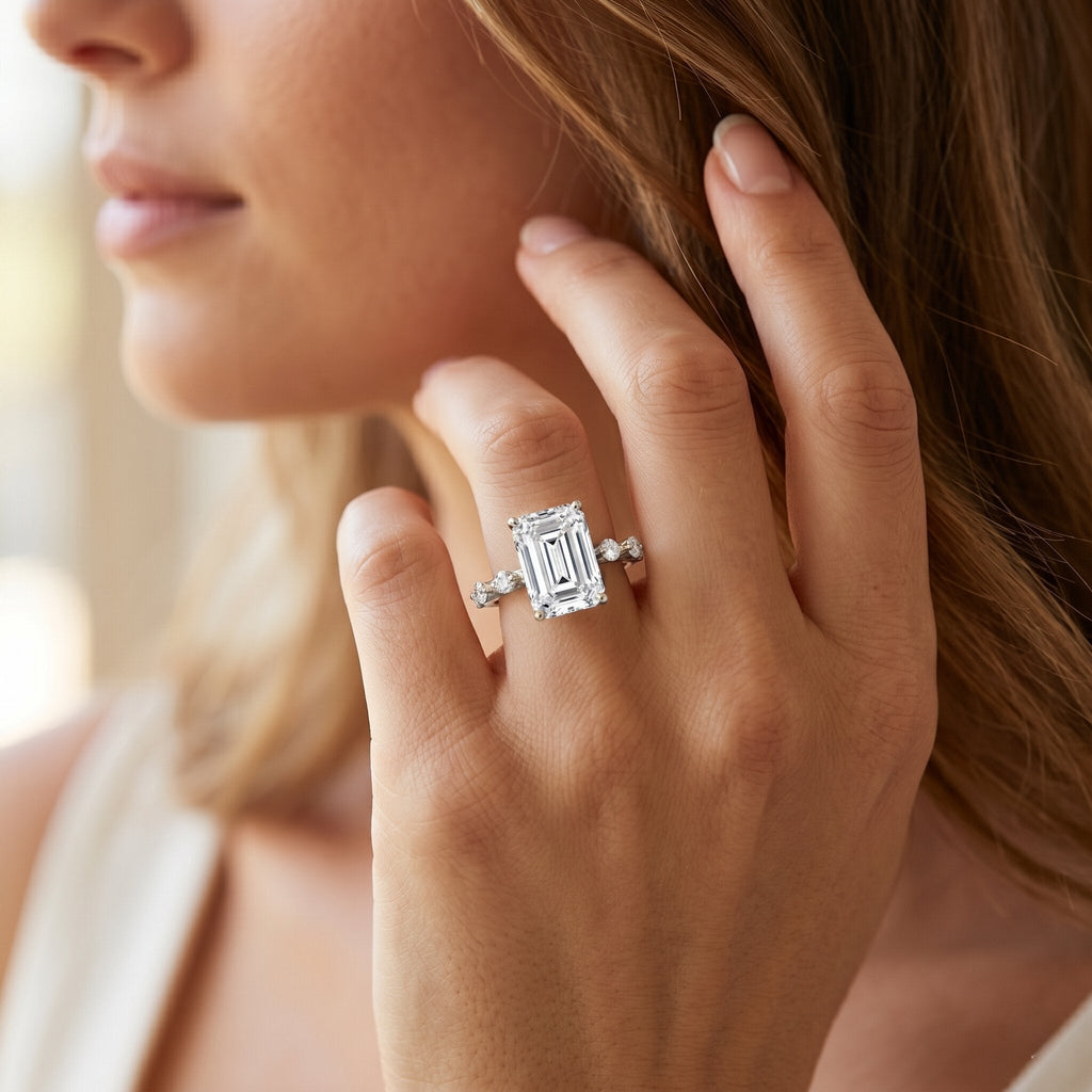 IGI Certified 4 Carat Lab Grown Emerald Cut Diamond Engagement Ring with Spaced Accent