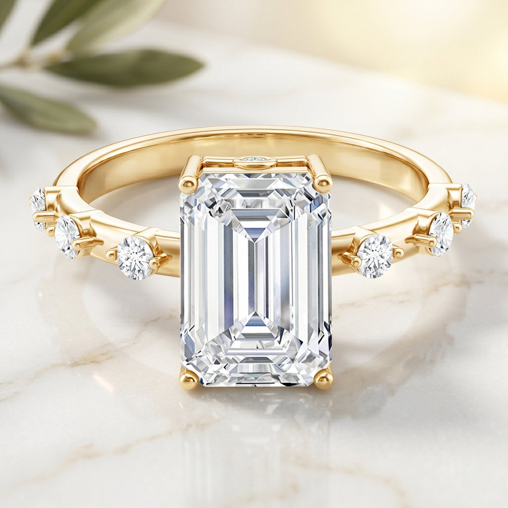 IGI Certified 4 Carat Lab Grown Emerald Cut Diamond Engagement Ring with Spaced Accent