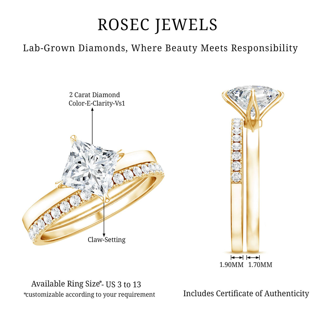 IGI Certified 2 Carat Lab Grown Diamond Princess Cut Bridal Ring Set for Her