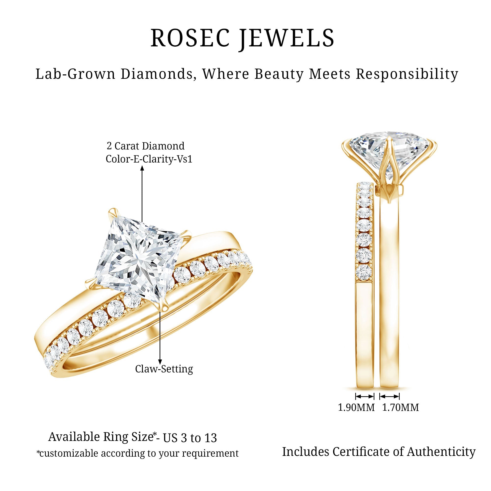 IGI Certified 2 Carat Lab Grown Diamond Princess Cut Bridal Ring Set for Her