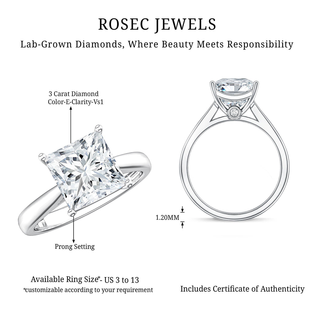 IGI Certified Lab Grown 3 Carat Diamond Princess Cut Engagement Ring Solitaire