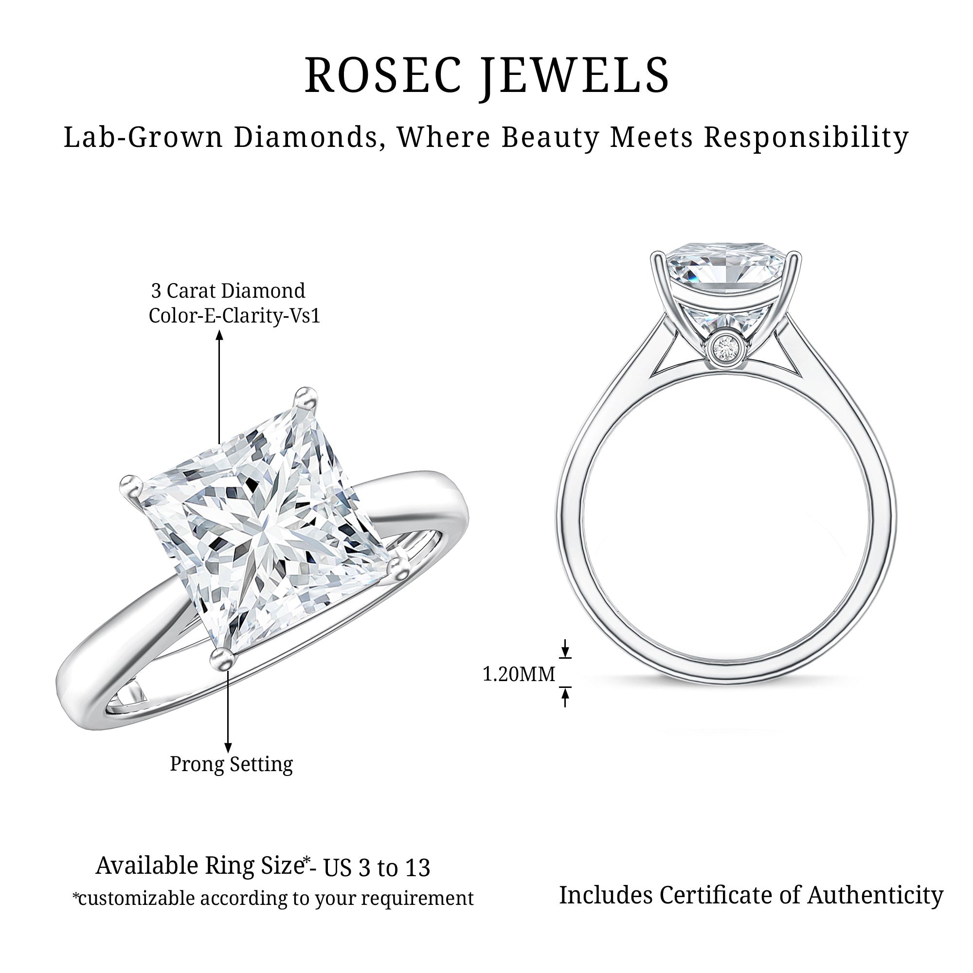 IGI Certified Lab Grown 3 Carat Diamond Princess Cut Engagement Ring Solitaire