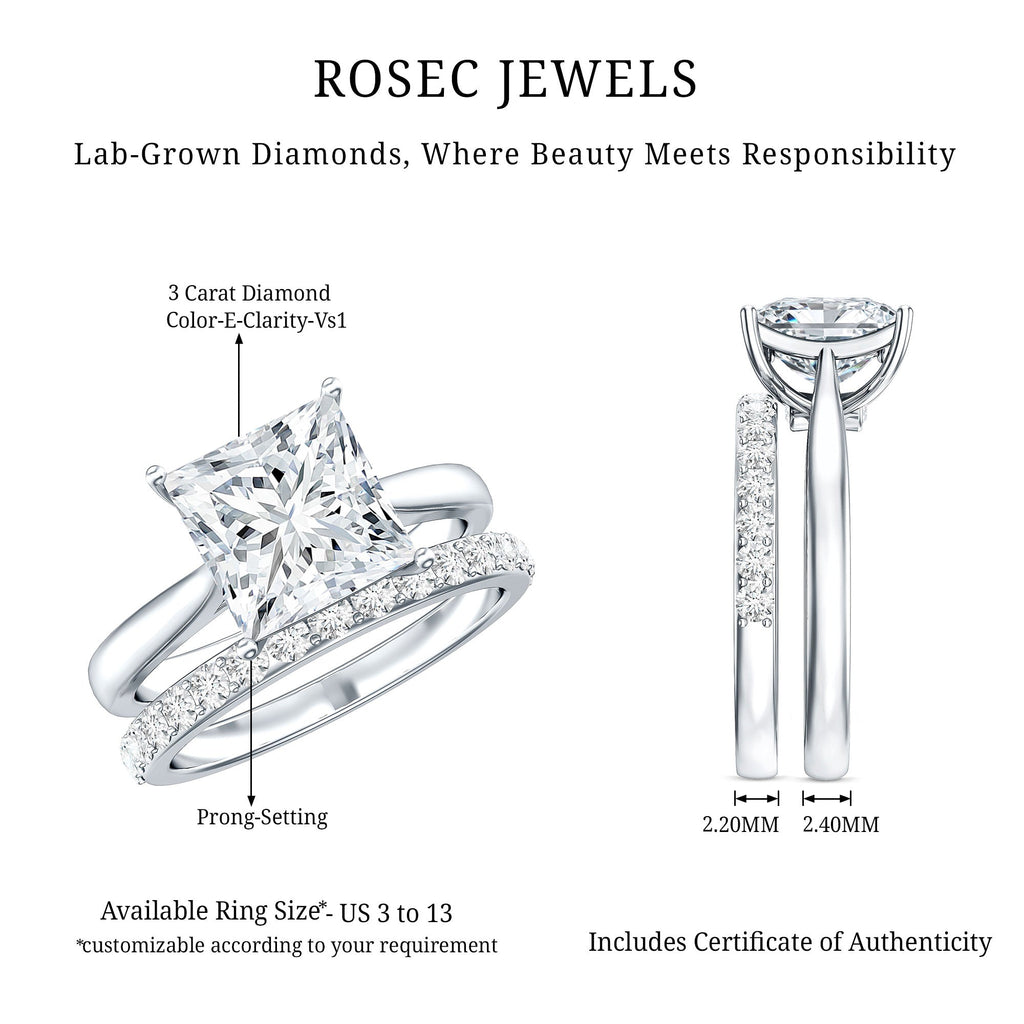 IGI Certified 3 Carat Lab Grown Diamond Princess Cut Wedding Ring Set for Women