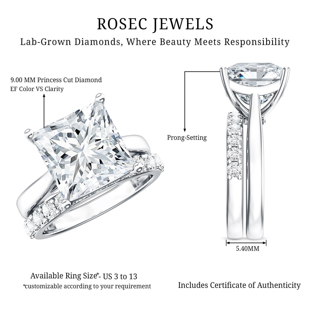 IGI Certified 4 Carat Princess Cut Lab Grown Diamond Solitaire Wedding Ring Set