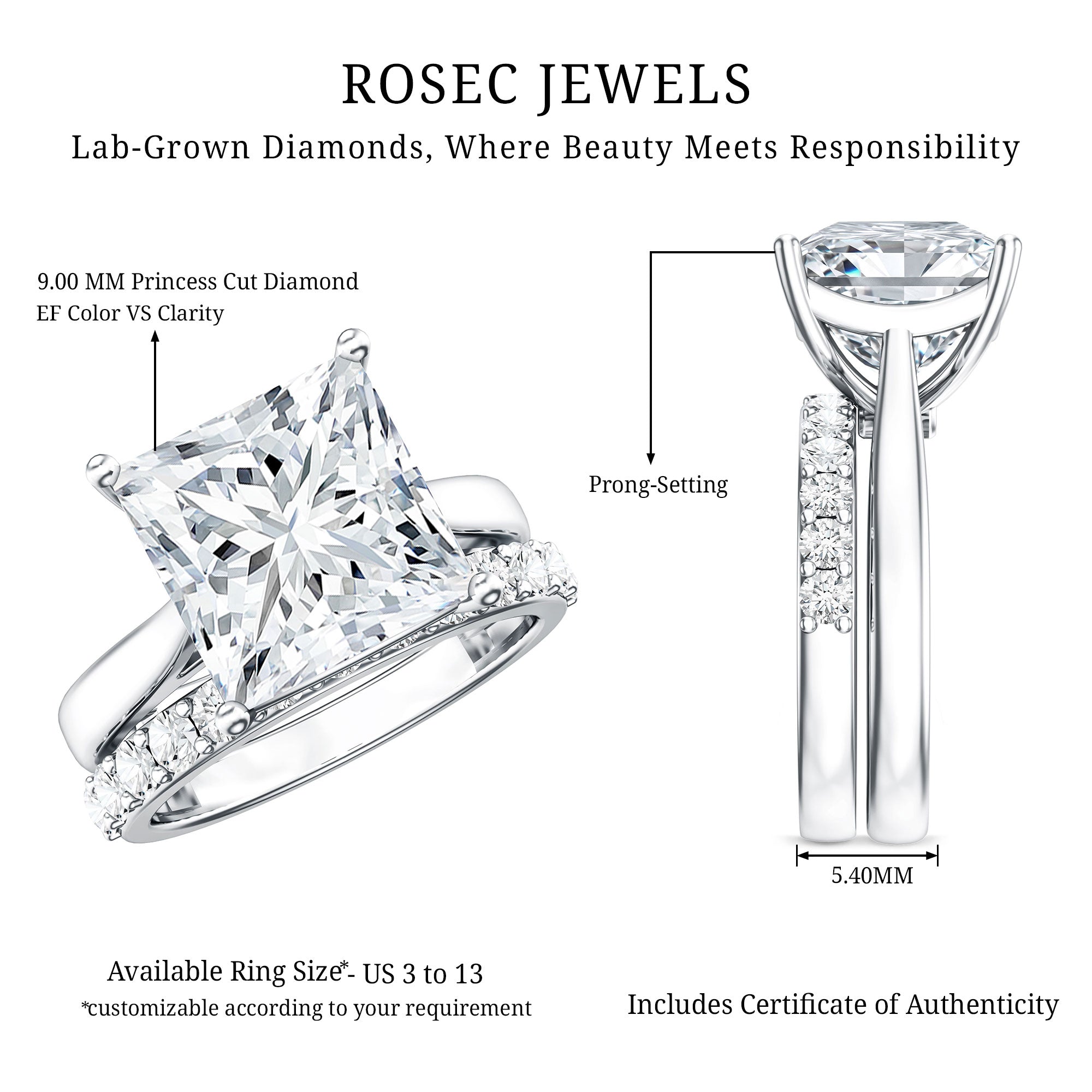 IGI Certified 4 Carat Princess Cut Lab Grown Diamond Solitaire Wedding Ring Set