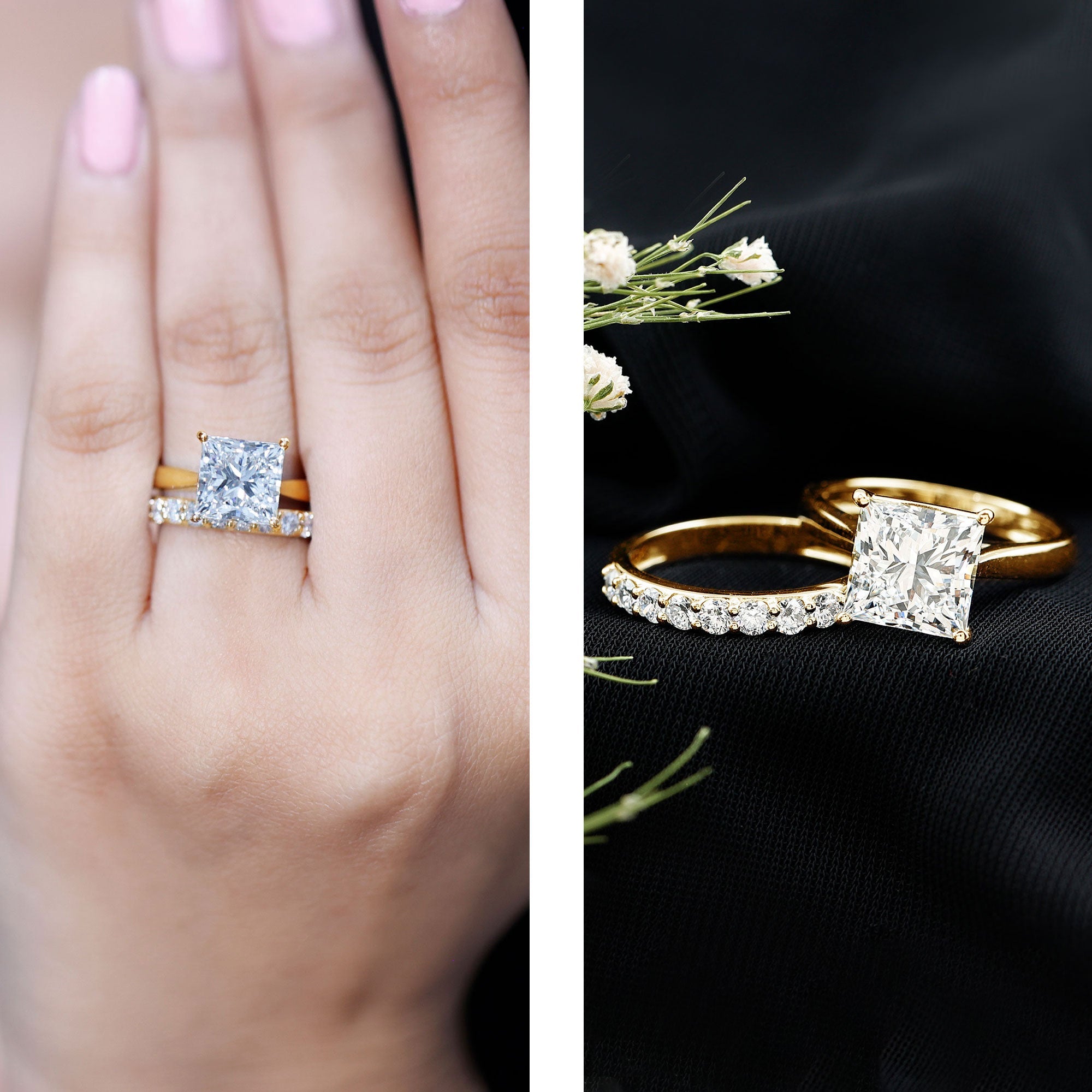 IGI Certified 4 Carat Princess Cut Lab Grown Diamond Solitaire Wedding Ring Set