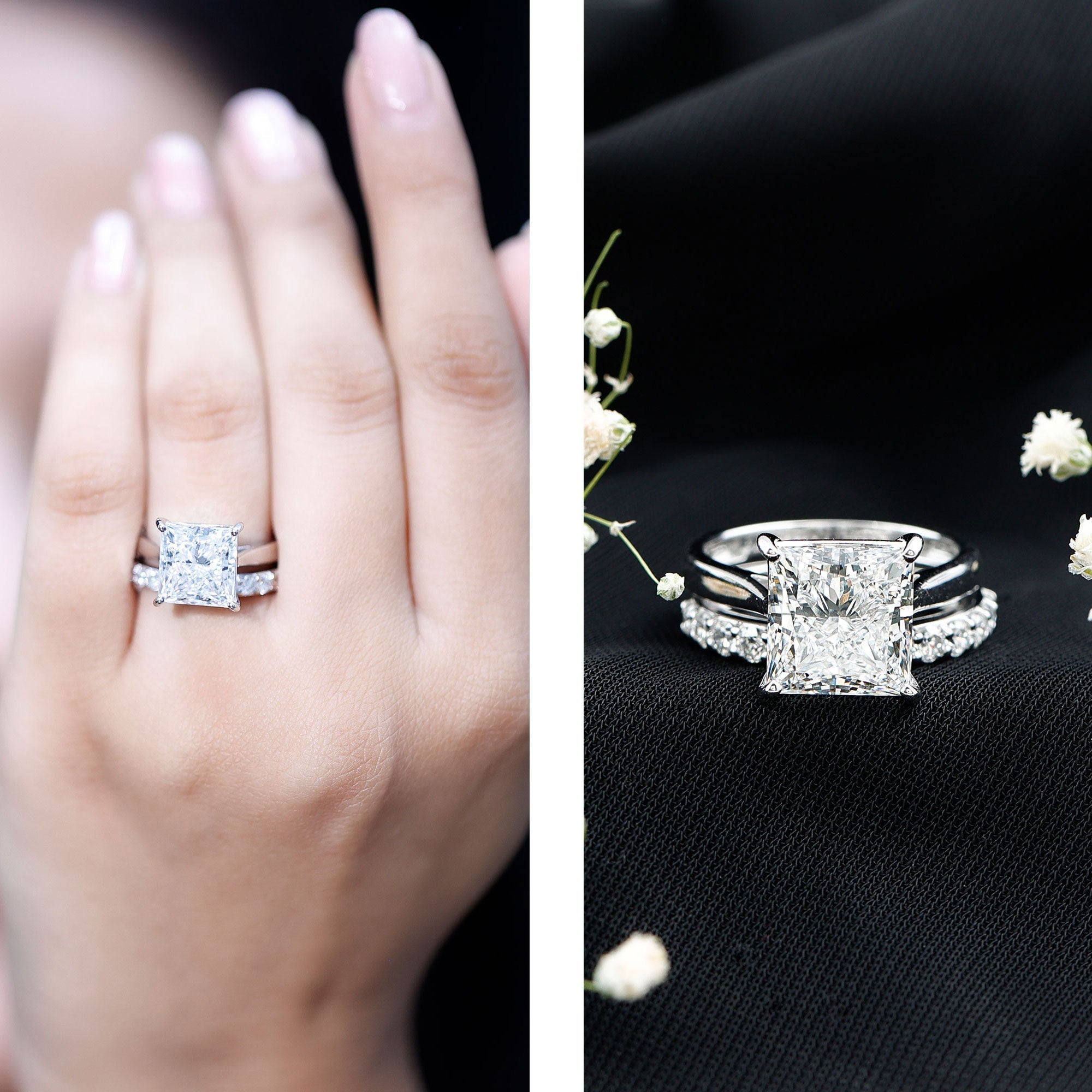 5 Carat Huge Lab Grown Diamond Princess Cut Engagement Ring Set with IGI Certificate