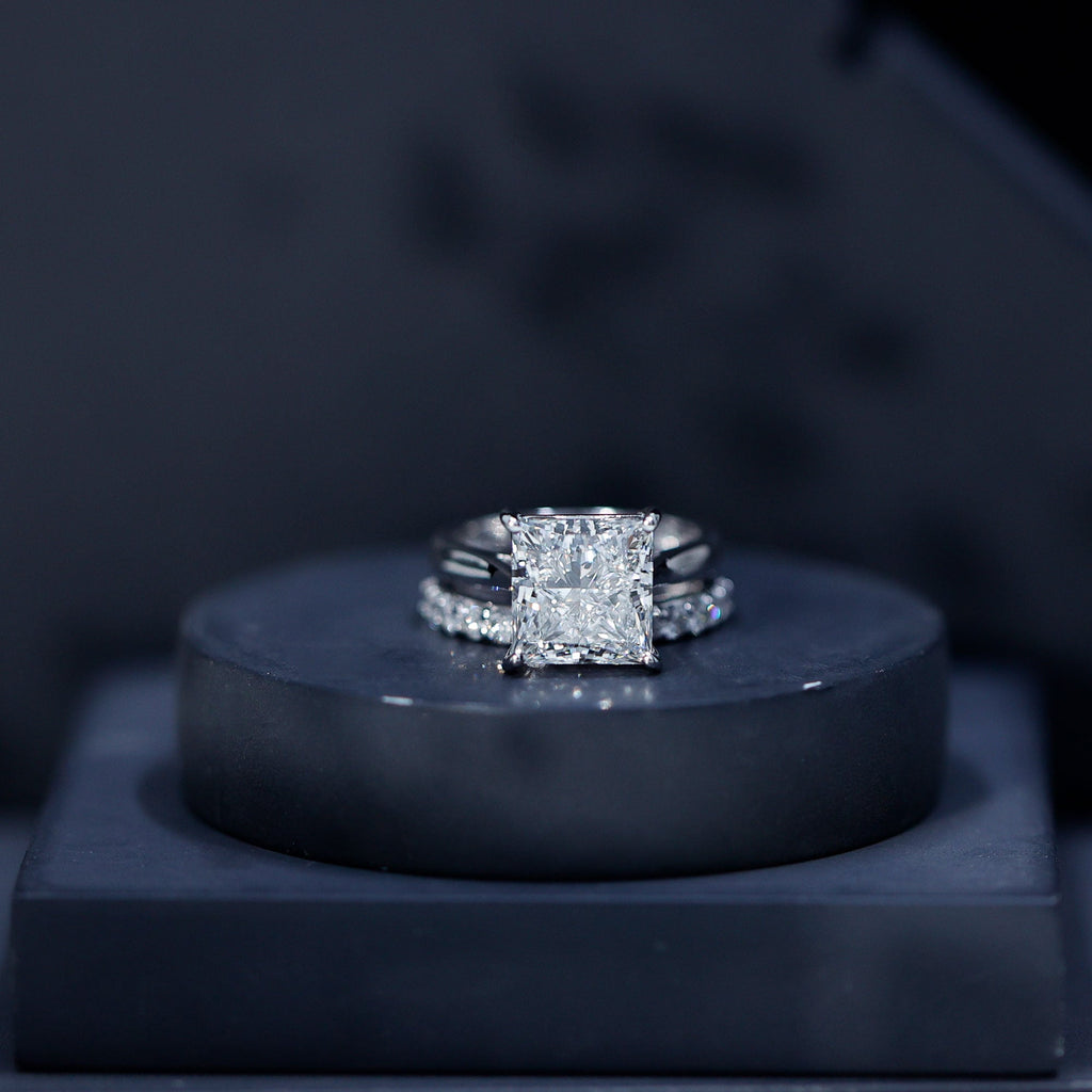 5 Carat Huge Lab Grown Diamond Princess Cut Engagement Ring Set with IGI Certificate