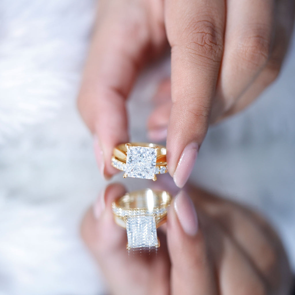 5 Carat Huge Lab Grown Diamond Princess Cut Engagement Ring Set with IGI Certificate