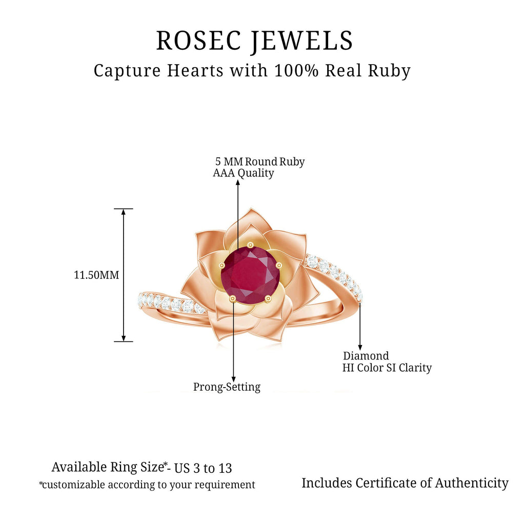 Natural 0.6 Carat Ruby Flower Engagement Ring with Diamond Bypass Shank
