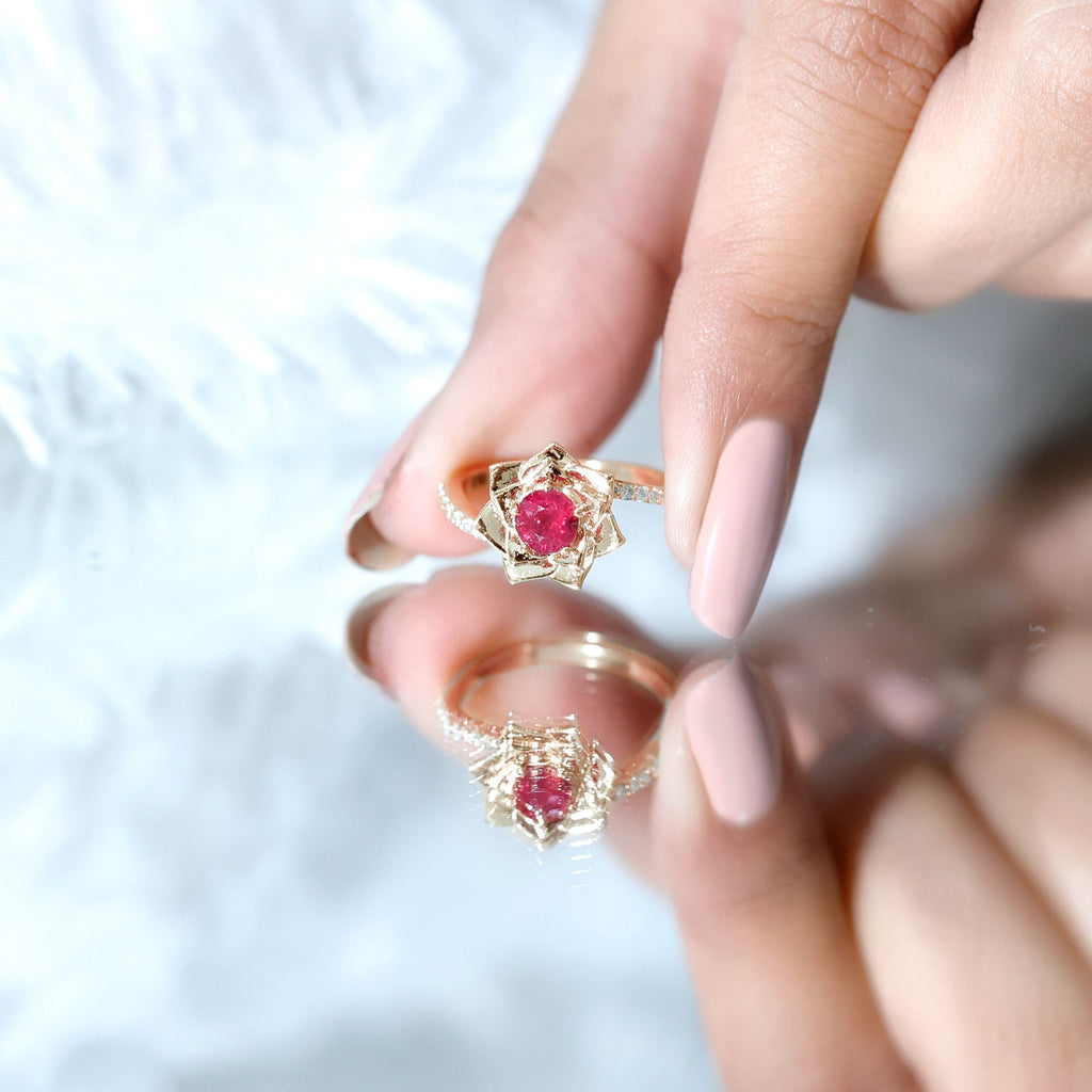 Natural 0.6 Carat Ruby Flower Engagement Ring with Diamond Bypass Shank