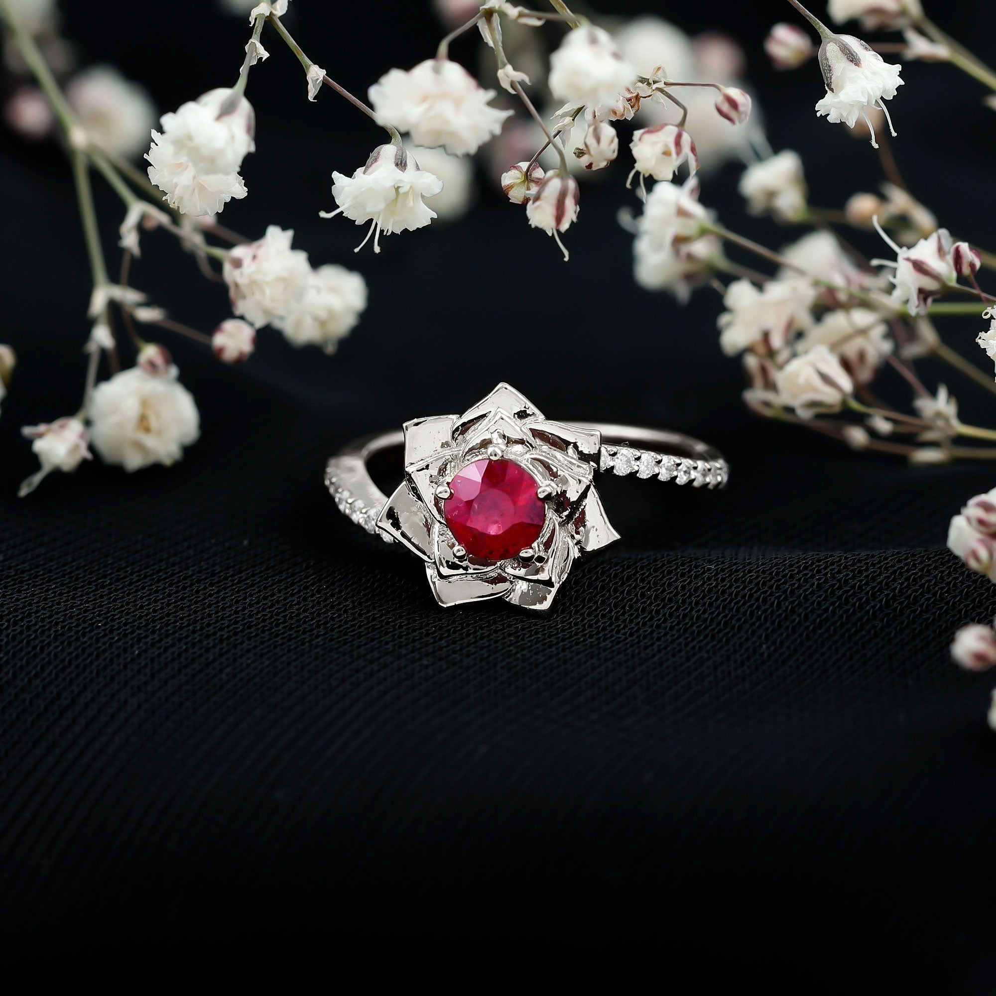 Natural 0.6 Carat Ruby Flower Engagement Ring with Diamond Bypass Shank