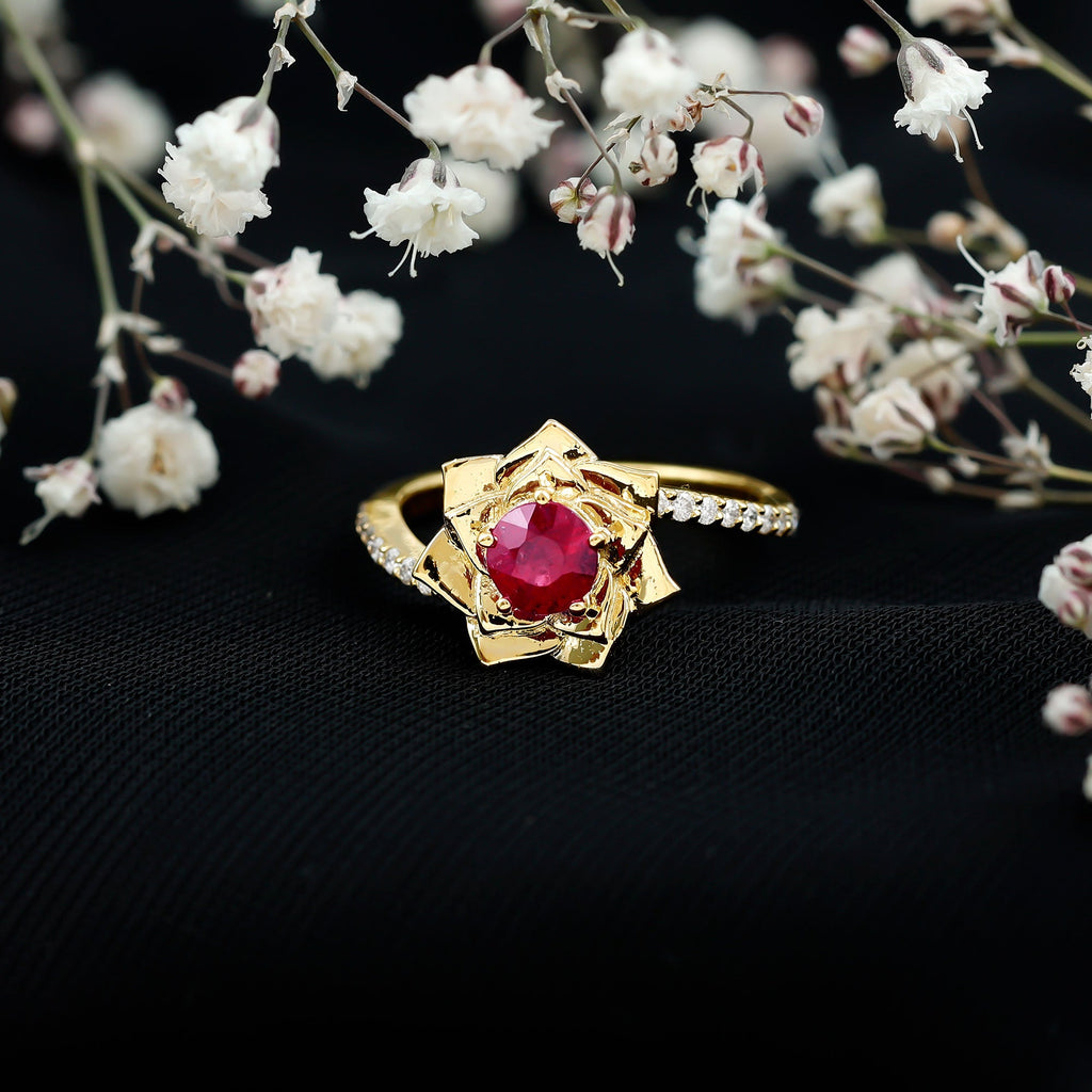 Natural 0.6 Carat Ruby Flower Engagement Ring with Diamond Bypass Shank