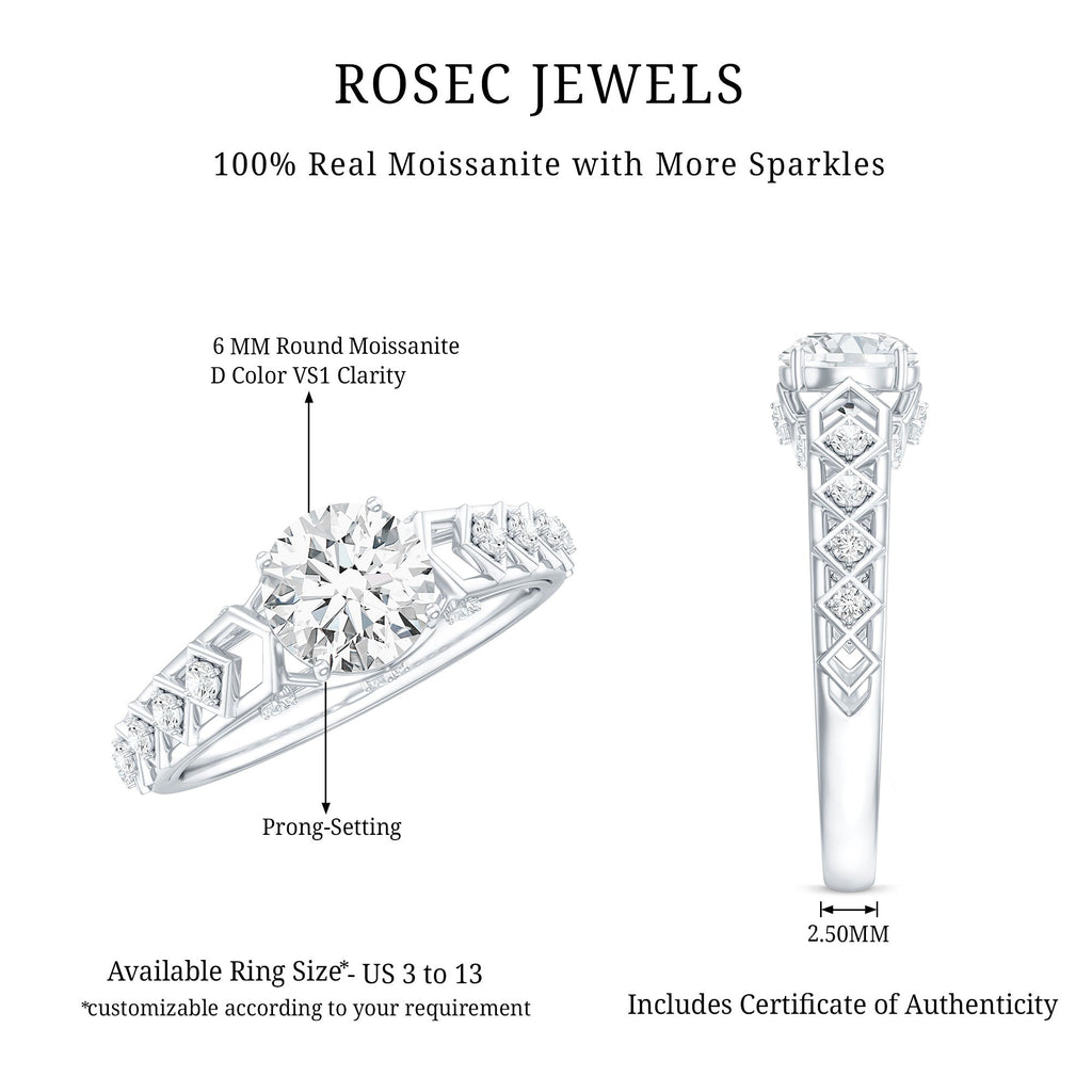 Round Cut Certified Moissanite Art Deco Engagement Ring