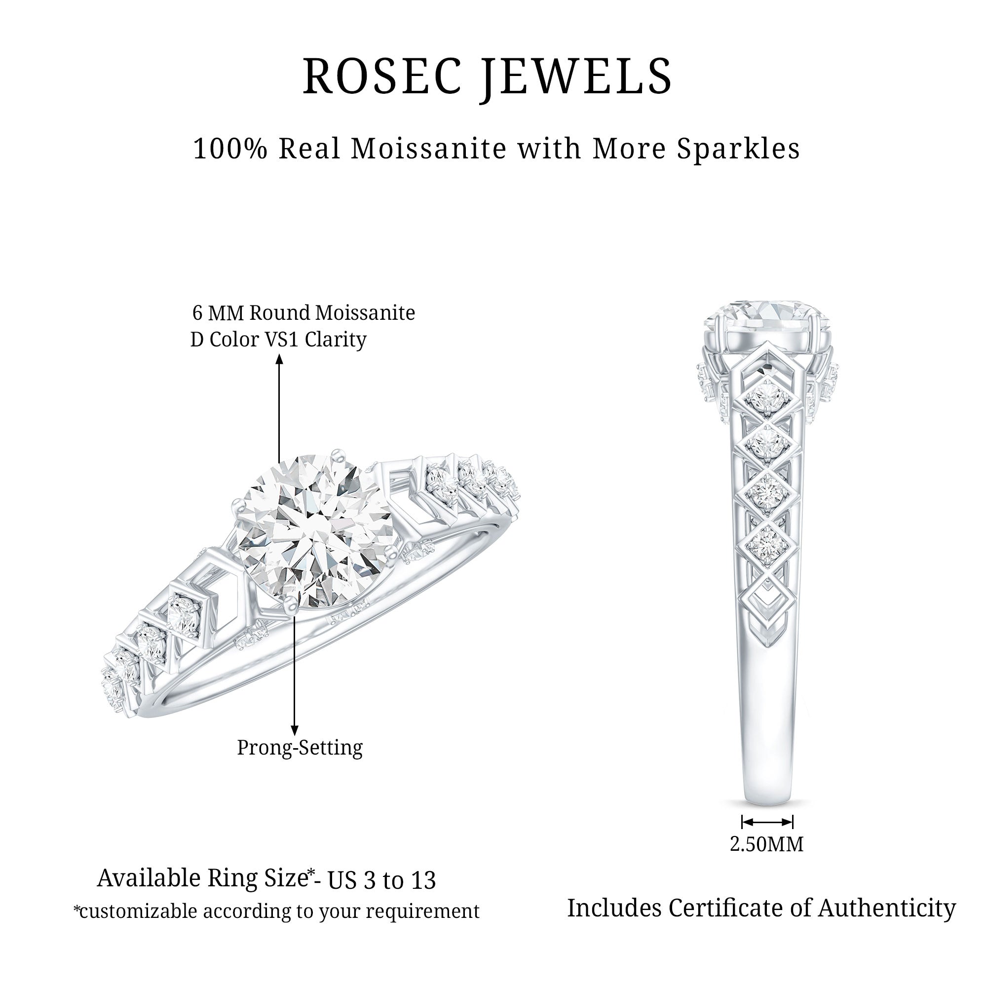 Round Cut Certified Moissanite Art Deco Engagement Ring
