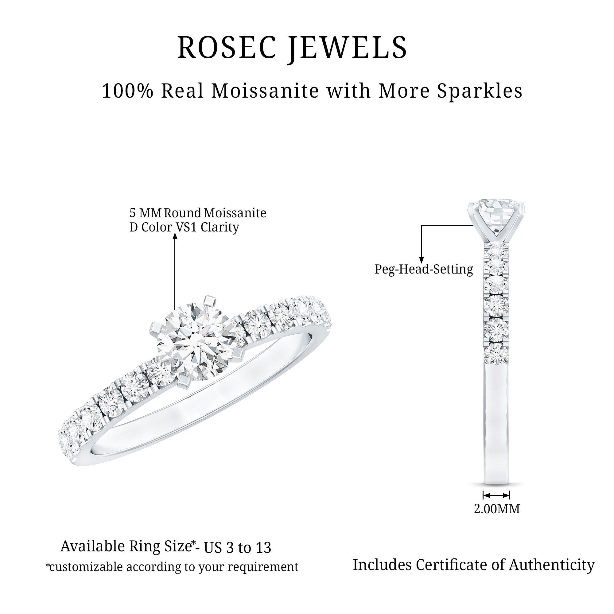 Certified 5 MM Moissanite Traditional Engagement Ring with Side Stones | Rings | Wiccan Center