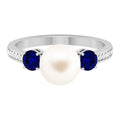 7.4 Carat White Pearl and Sapphire 3 Stone Engagement Ring with Diamond