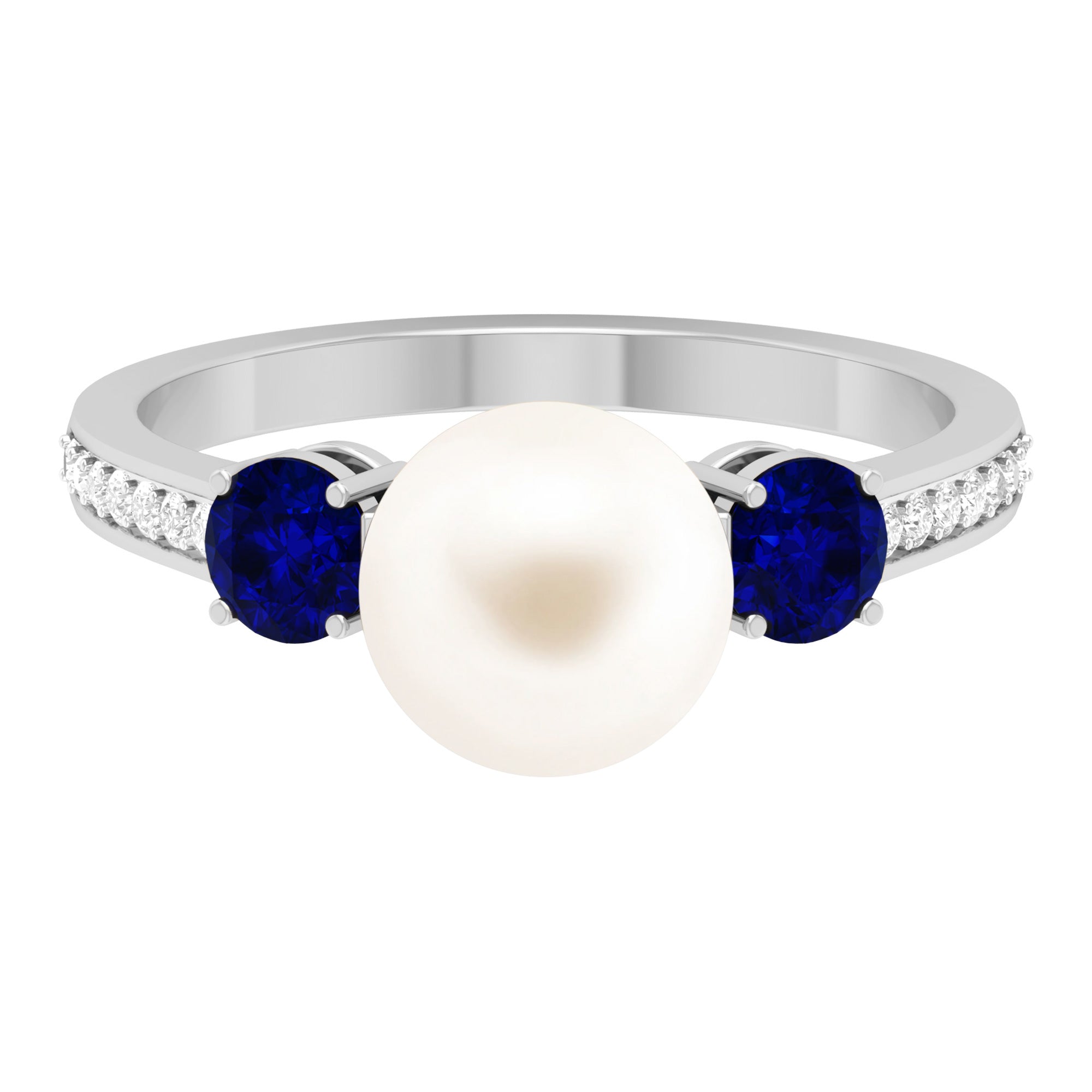7.4 Carat White Pearl and Sapphire 3 Stone Engagement Ring with Diamond