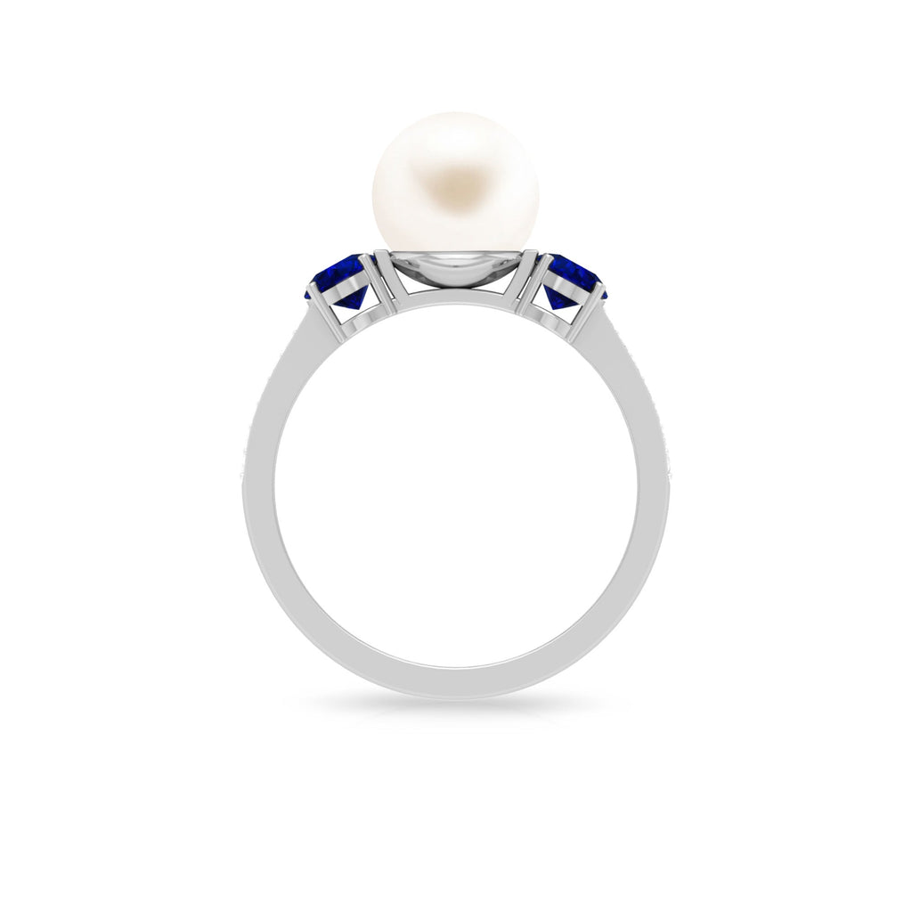 7.4 Carat White Pearl and Sapphire 3 Stone Engagement Ring with Diamond