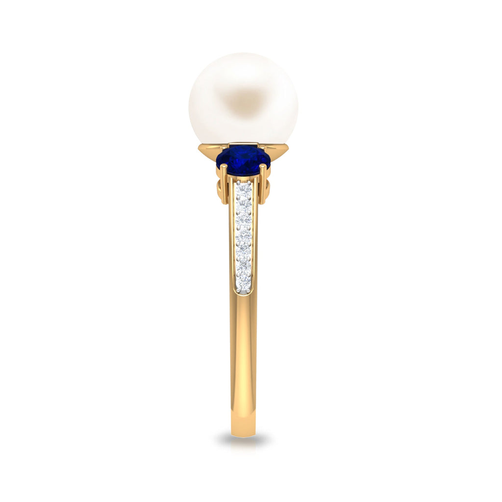 7.4 Carat White Pearl and Sapphire 3 Stone Engagement Ring with Diamond