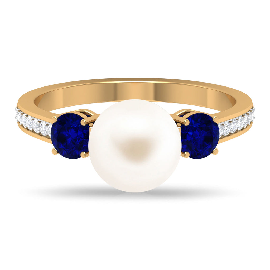 7.4 Carat White Pearl and Sapphire 3 Stone Engagement Ring with Diamond