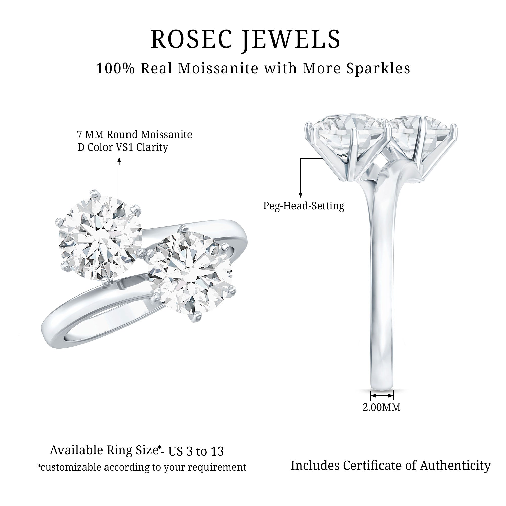 7 MM Round Certified Moissanite Toi et Moi Engagement Ring