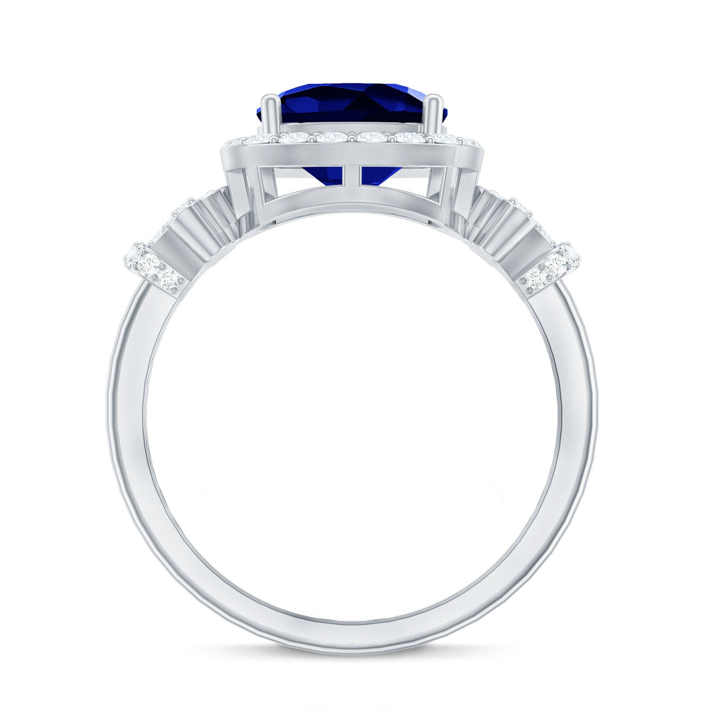 2.7 Carat Cushion Cut Created Blue Sapphire Engagement Ring with Diamond Accent