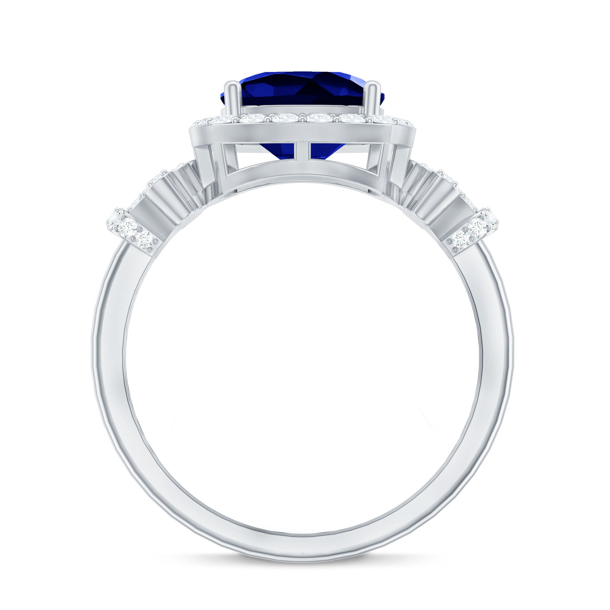 2.7 Carat Cushion Cut Created Blue Sapphire Engagement Ring with Diamond Accent