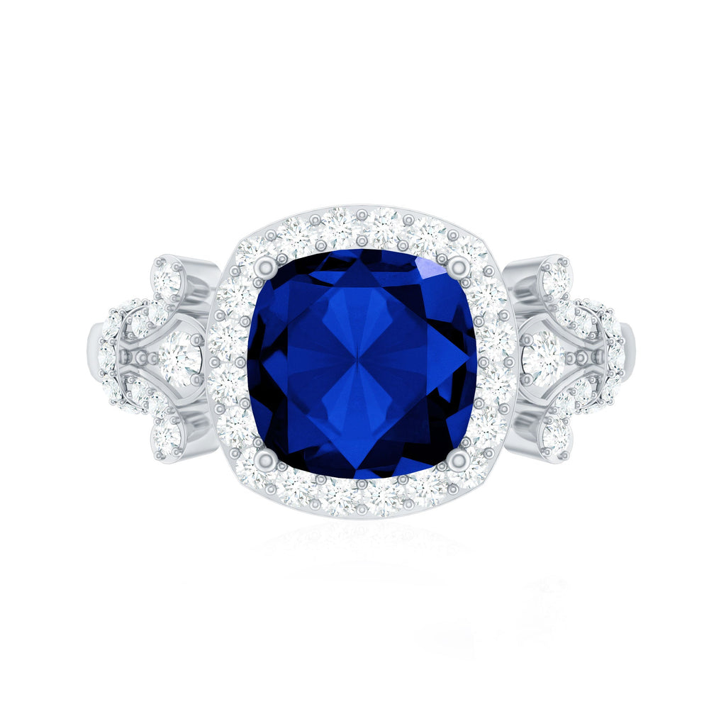 2.7 Carat Cushion Cut Created Blue Sapphire Engagement Ring with Diamond Accent