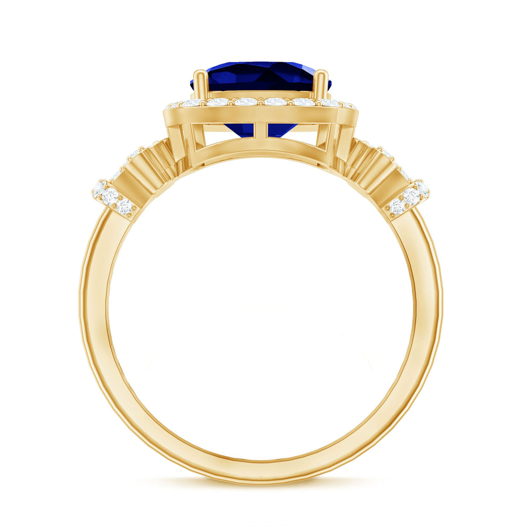 2.7 Carat Cushion Cut Created Blue Sapphire Engagement Ring with Diamond Accent