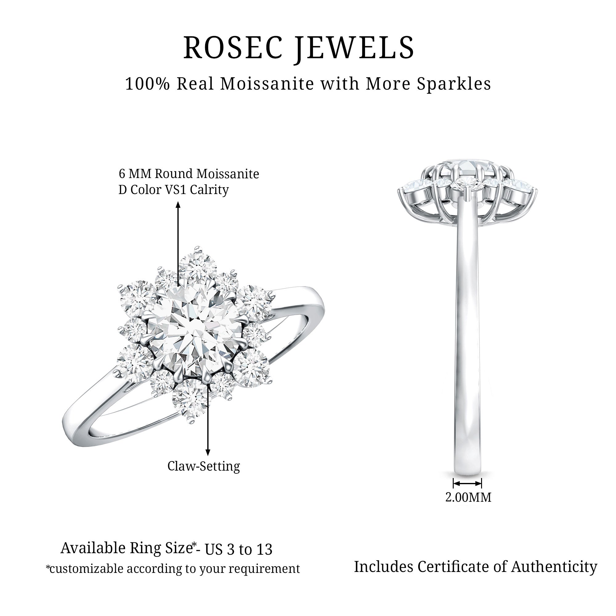 Claw Set Moissanite Halo Engagement Ring with Certificate
