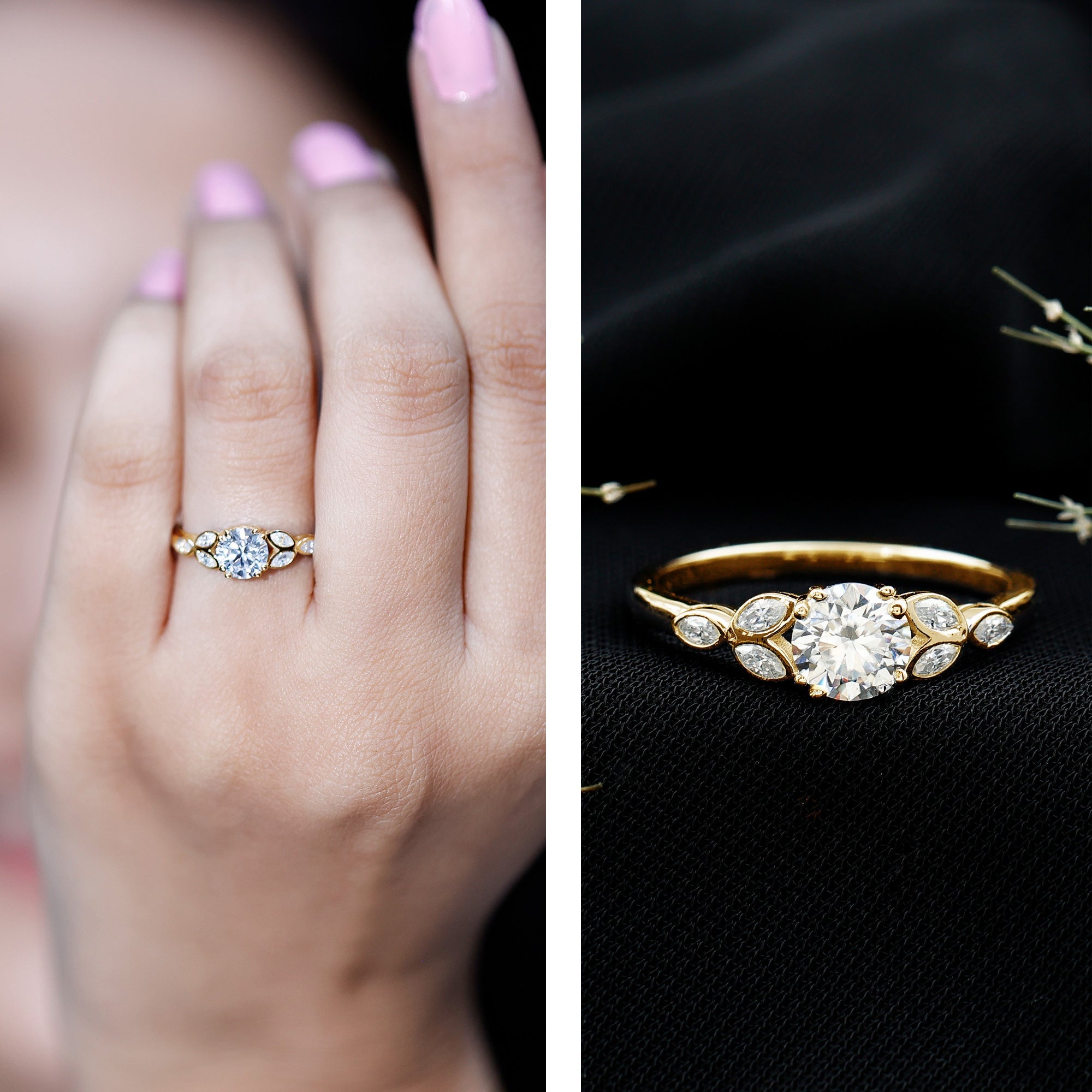 Certified Moissanite Solitaire Engagement Ring with Trio