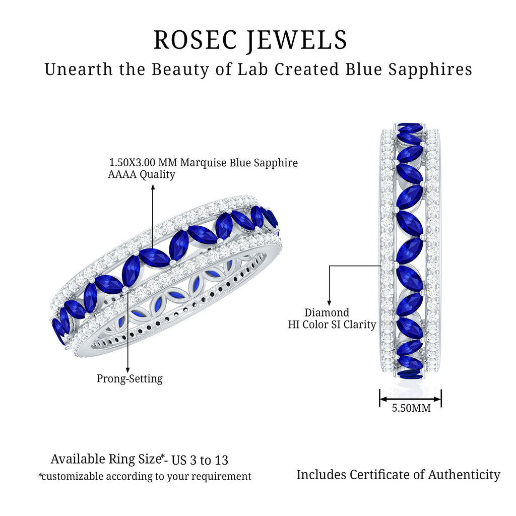 Marquise Lab Created Blue Sapphire and Diamond Wedding Band Ring