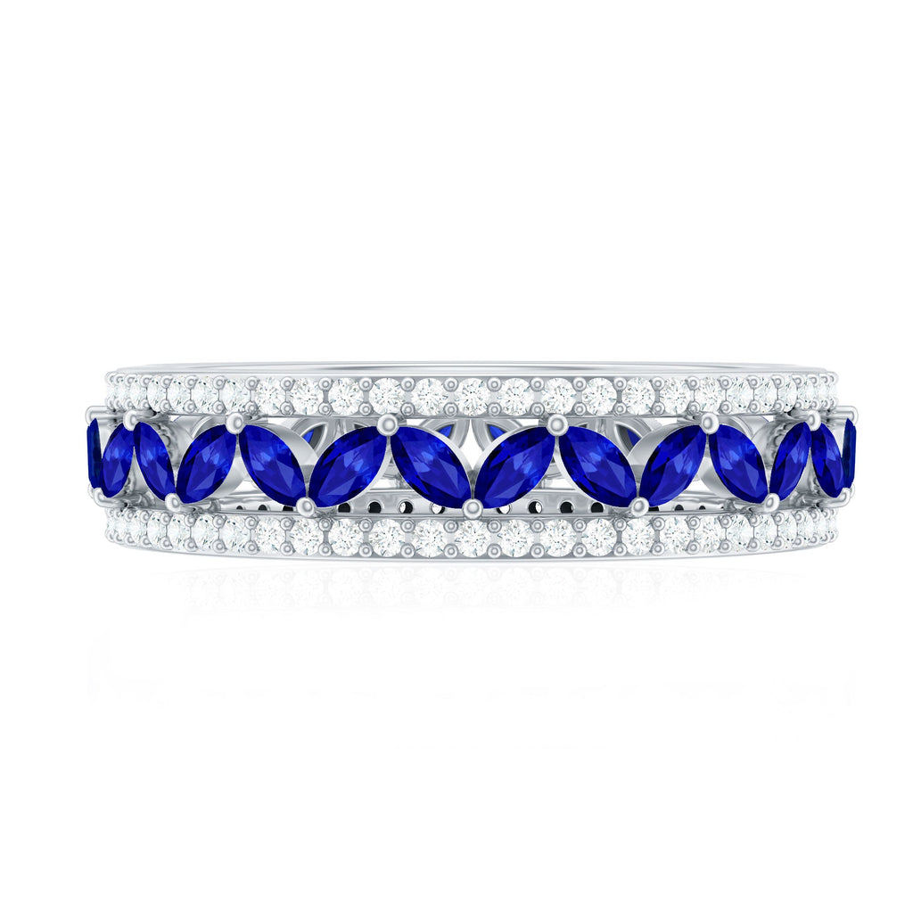 Marquise Lab Created Blue Sapphire and Diamond Wedding Band Ring