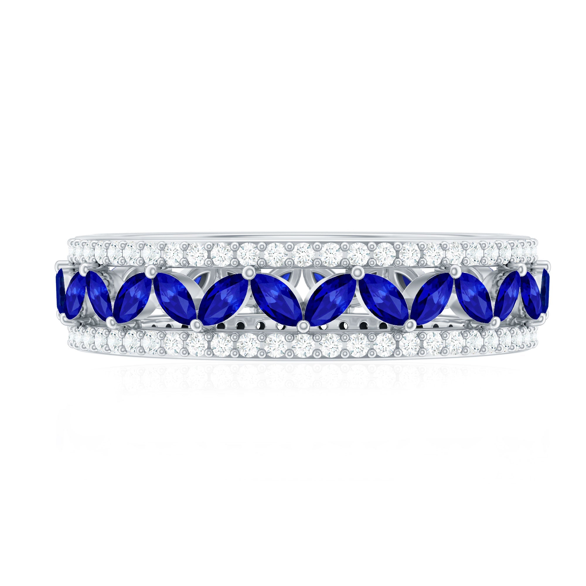 Marquise Lab Created Blue Sapphire and Diamond Wedding Band Ring