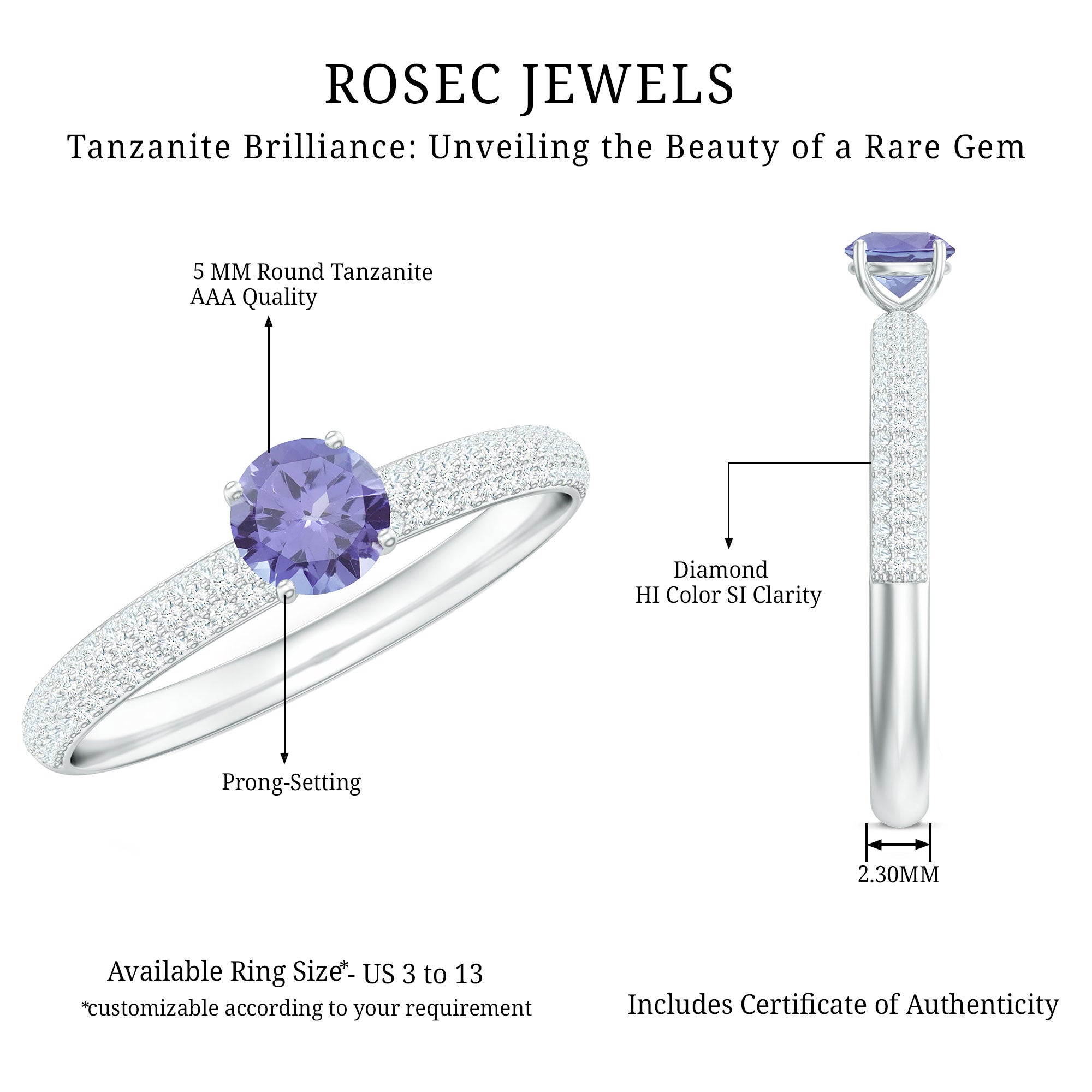 Natural Tanzanite Engagement Ring with Pave Diamond Side Stones