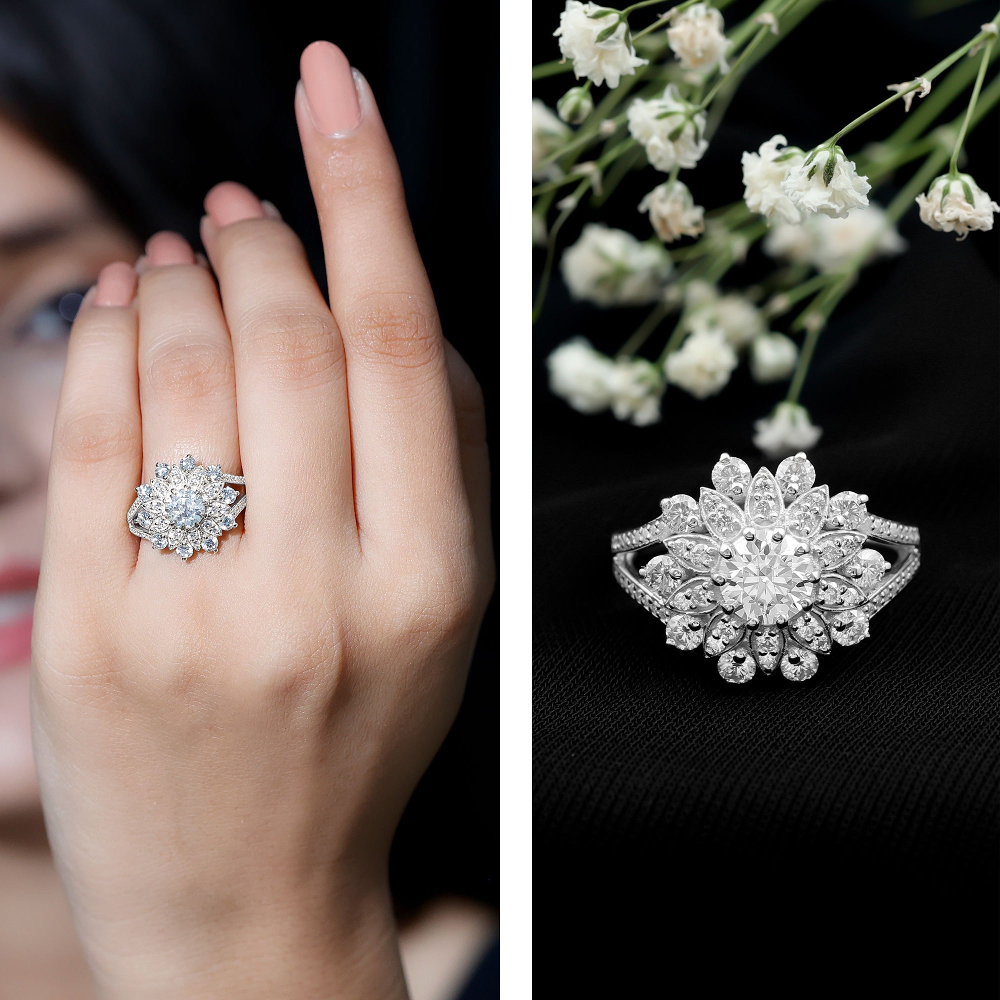 Certified Moissanite Statement Flower Engagement Ring