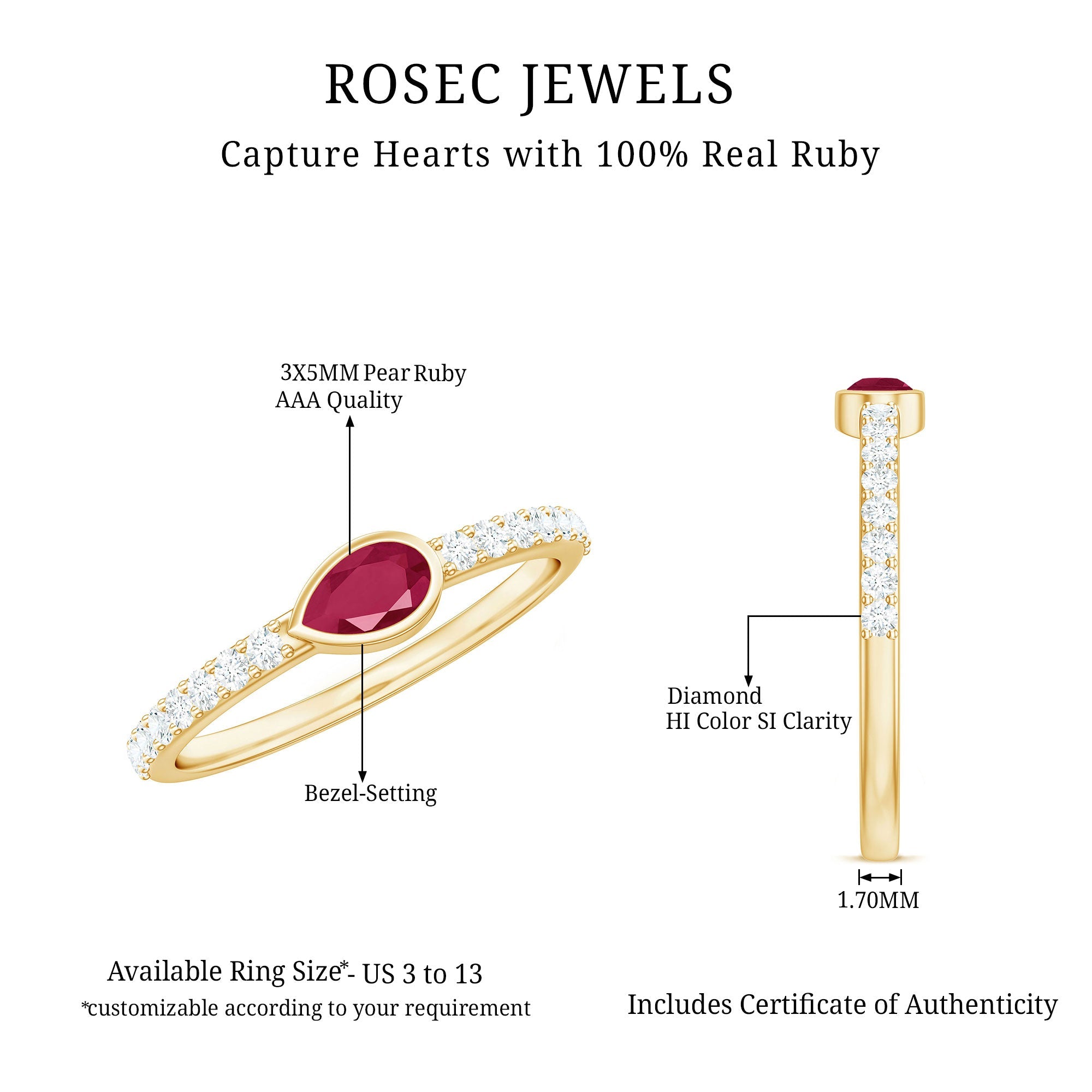 East West Style Pear Shape Ruby Promise Ring with Diamond