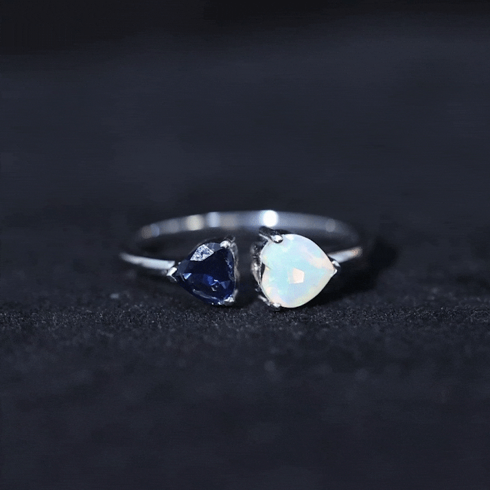 Natural Heart Shape Ethiopian Opal and Blue Sapphire 2 Stone Promise Ring