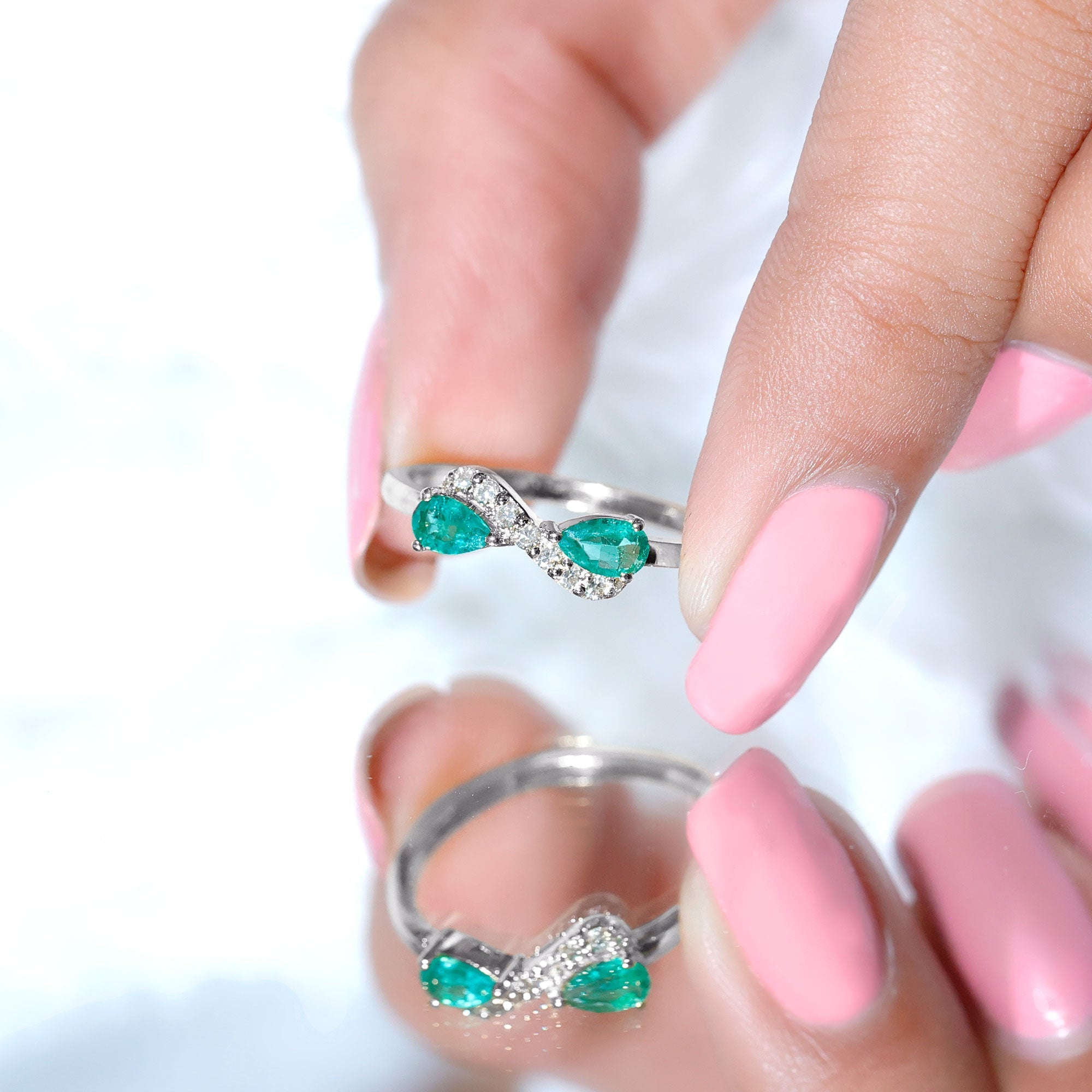 Natural Pear Emerald and Diamond Infinity Promise Ring