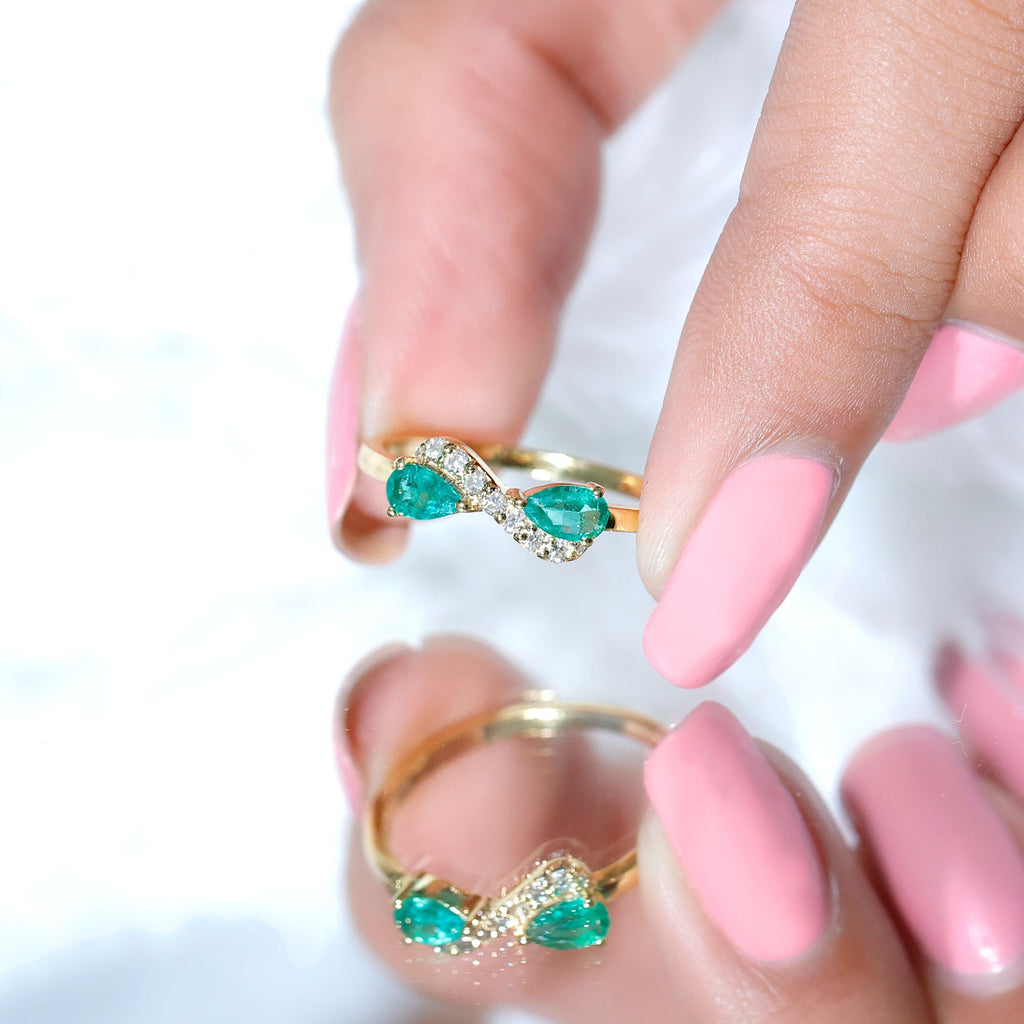 Natural Pear Emerald and Diamond Infinity Promise Ring