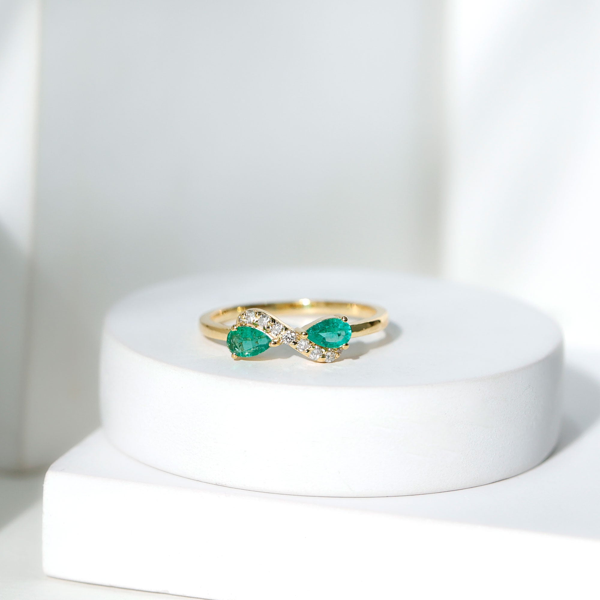 Natural Pear Emerald and Diamond Infinity Promise Ring