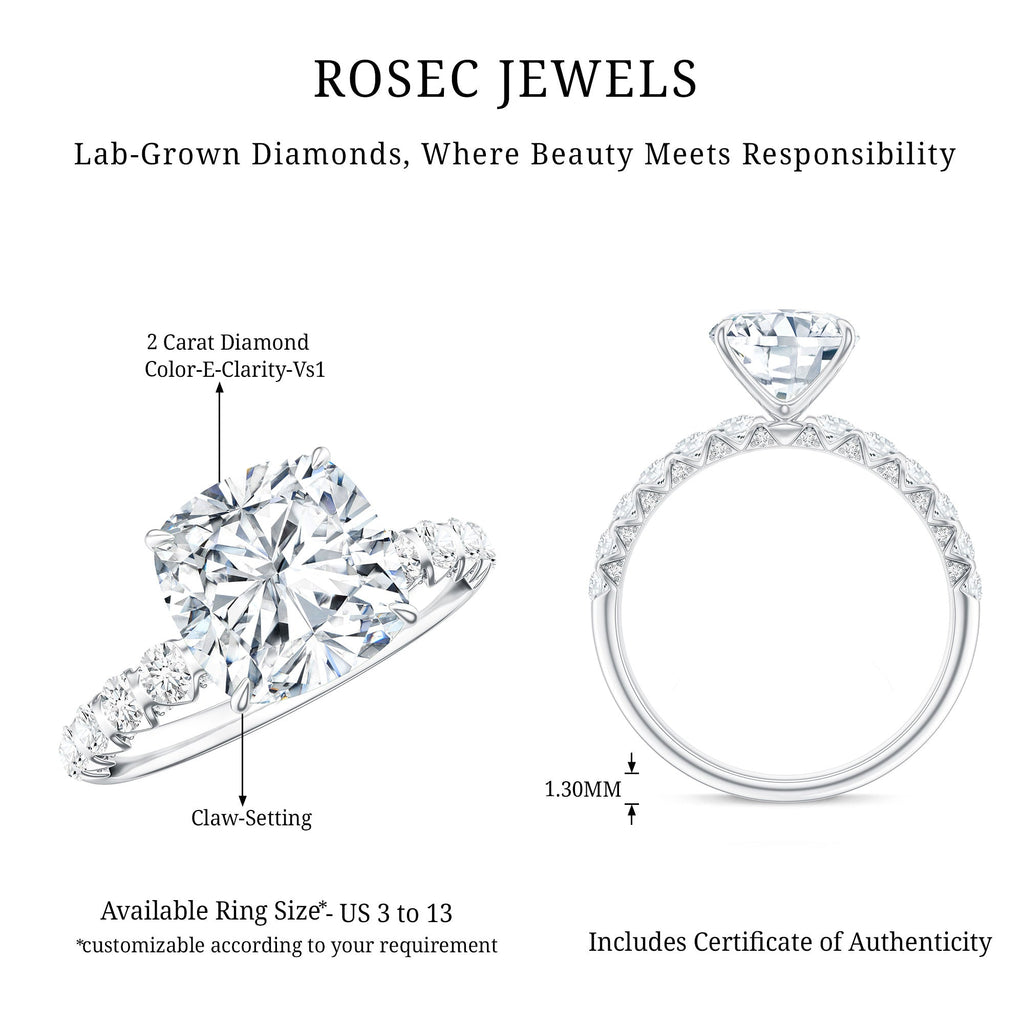IGI Certified 2 Carat Cushion Cut Lab Grown Diamond Engagement Ring with Side Stones