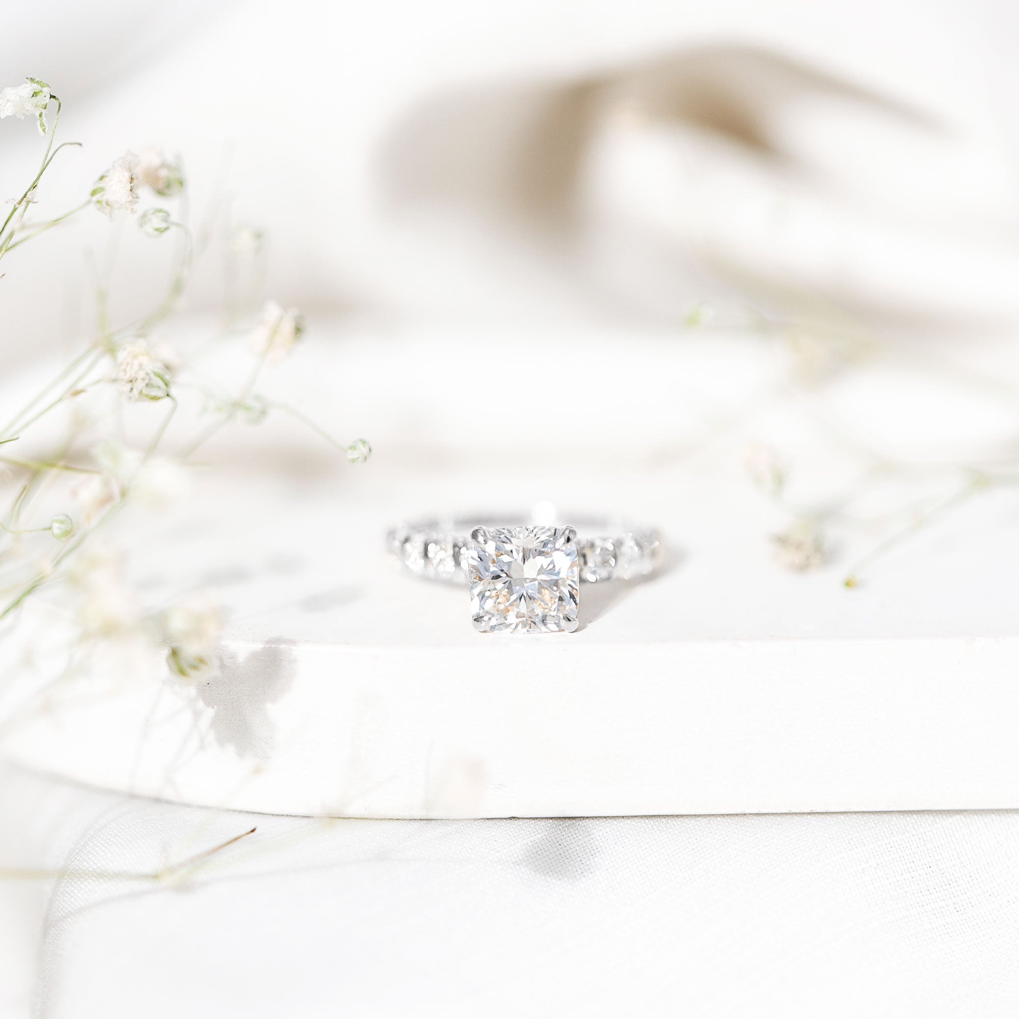 IGI Certified 2 Carat Cushion Cut Lab Grown Diamond Engagement Ring with Side Stones