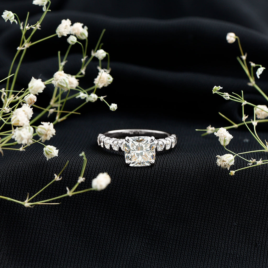 IGI Certified 2 Carat Cushion Cut Lab Grown Diamond Engagement Ring with Side Stones