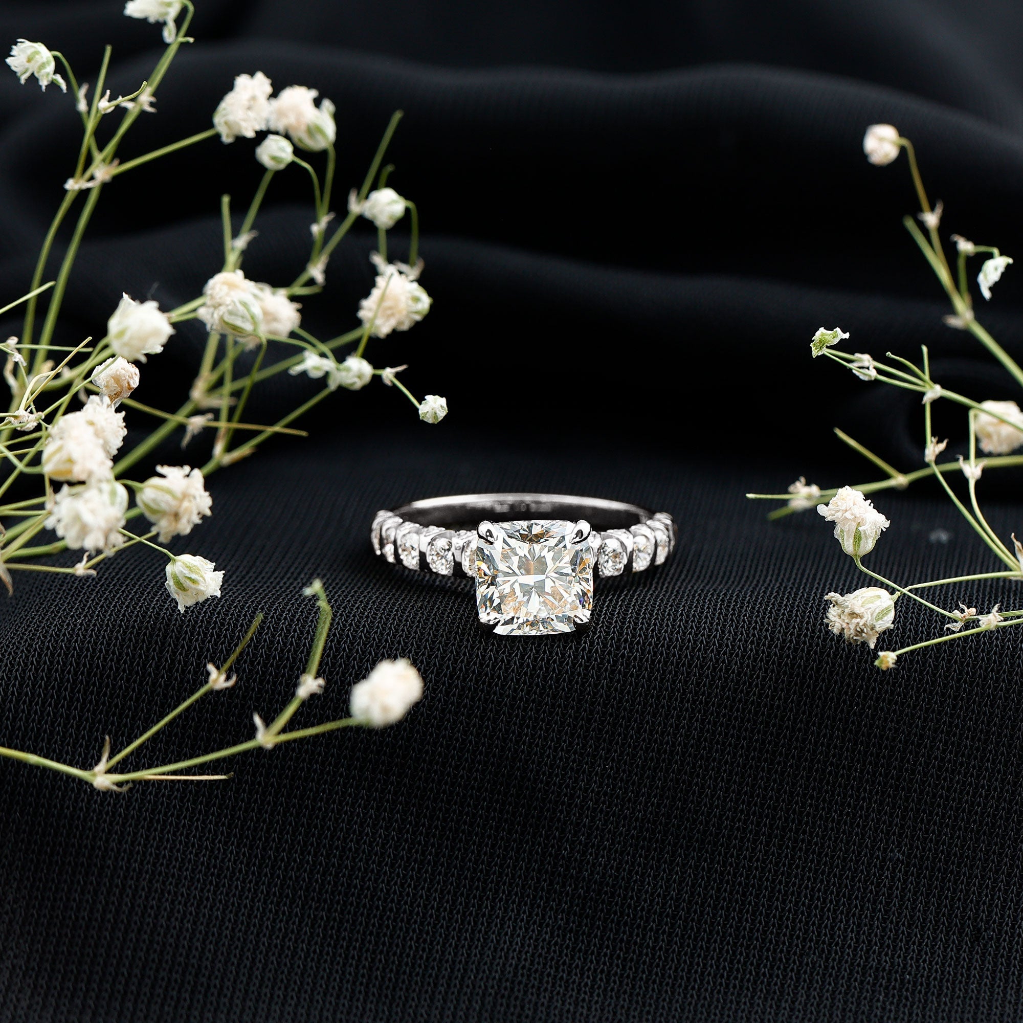 IGI Certified 2 Carat Cushion Cut Lab Grown Diamond Engagement Ring with Side Stones