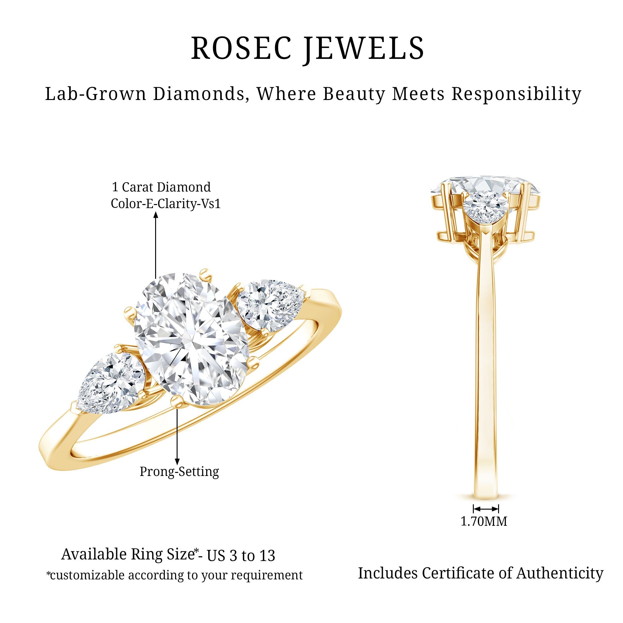 1 Carat Lab Grown Diamond Three Stone Engagement Ring with IGI Certificate
