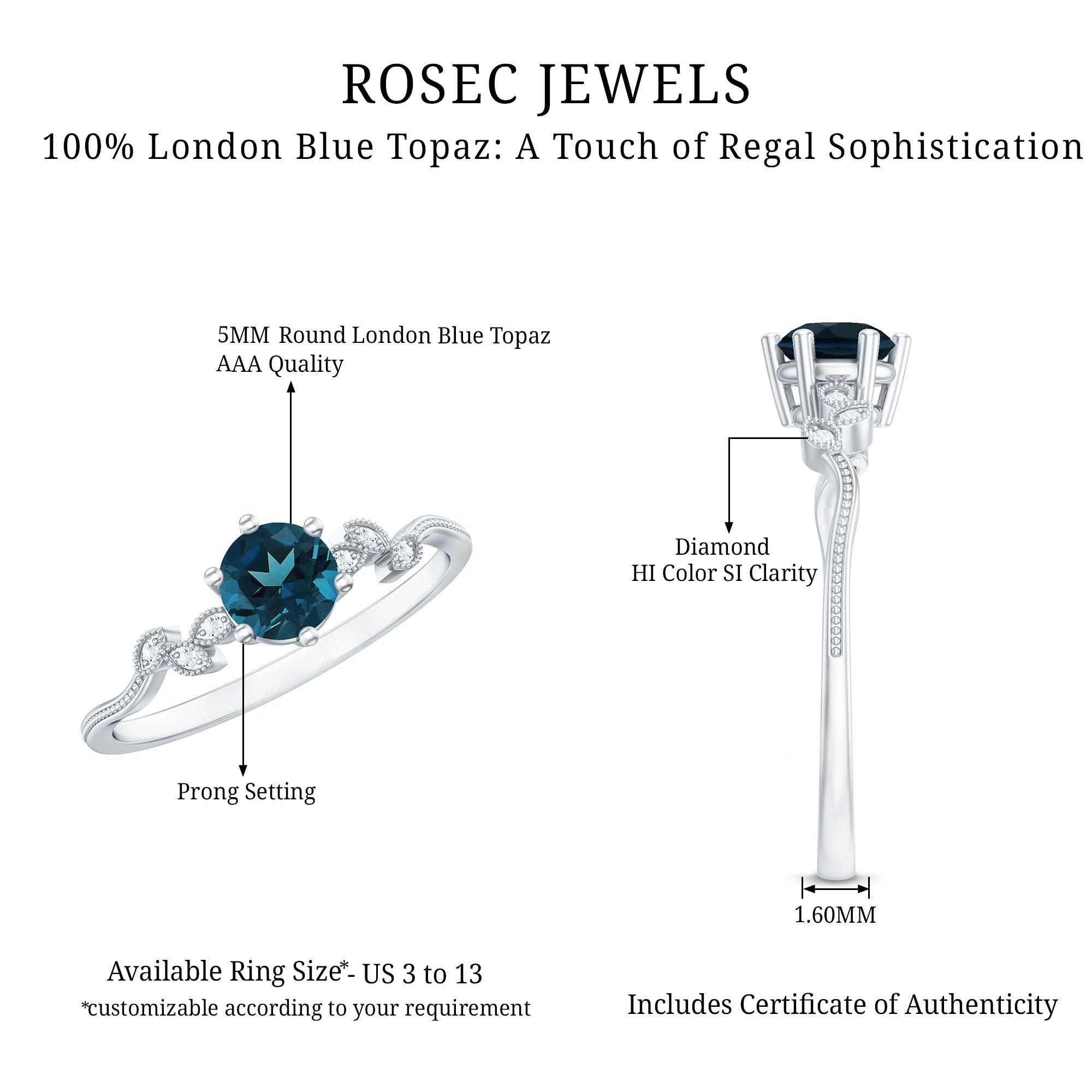 0.6 Carat Round London Blue Topaz Commitment Ring with Diamond